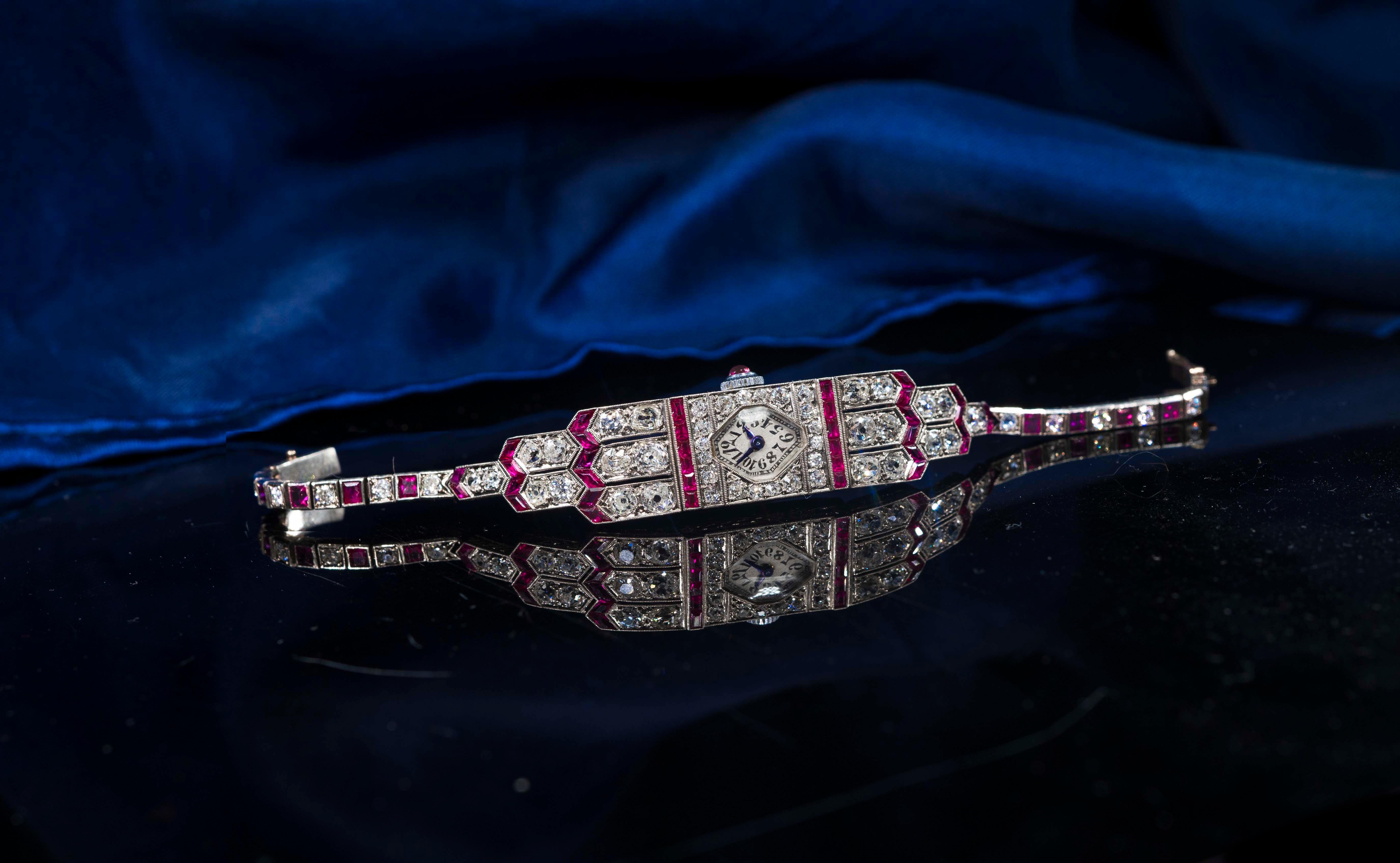 Art Deco Egyptian Revival Platinum Ruby Diamond IWC 14 Carat Diamond Watch 7