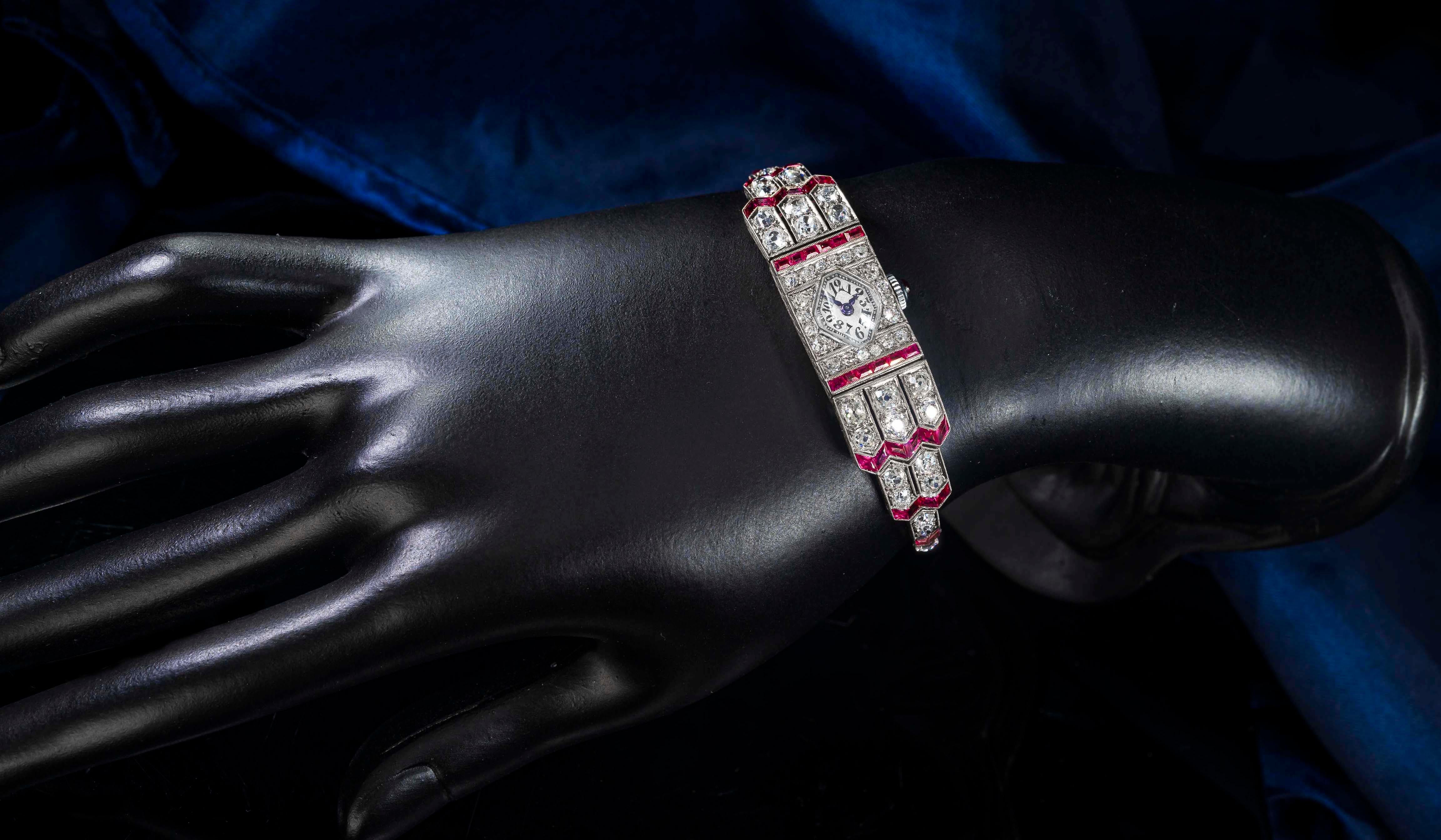 Art Deco Egyptian Revival Platinum Ruby Diamond IWC 14 Carat Diamond Watch 8