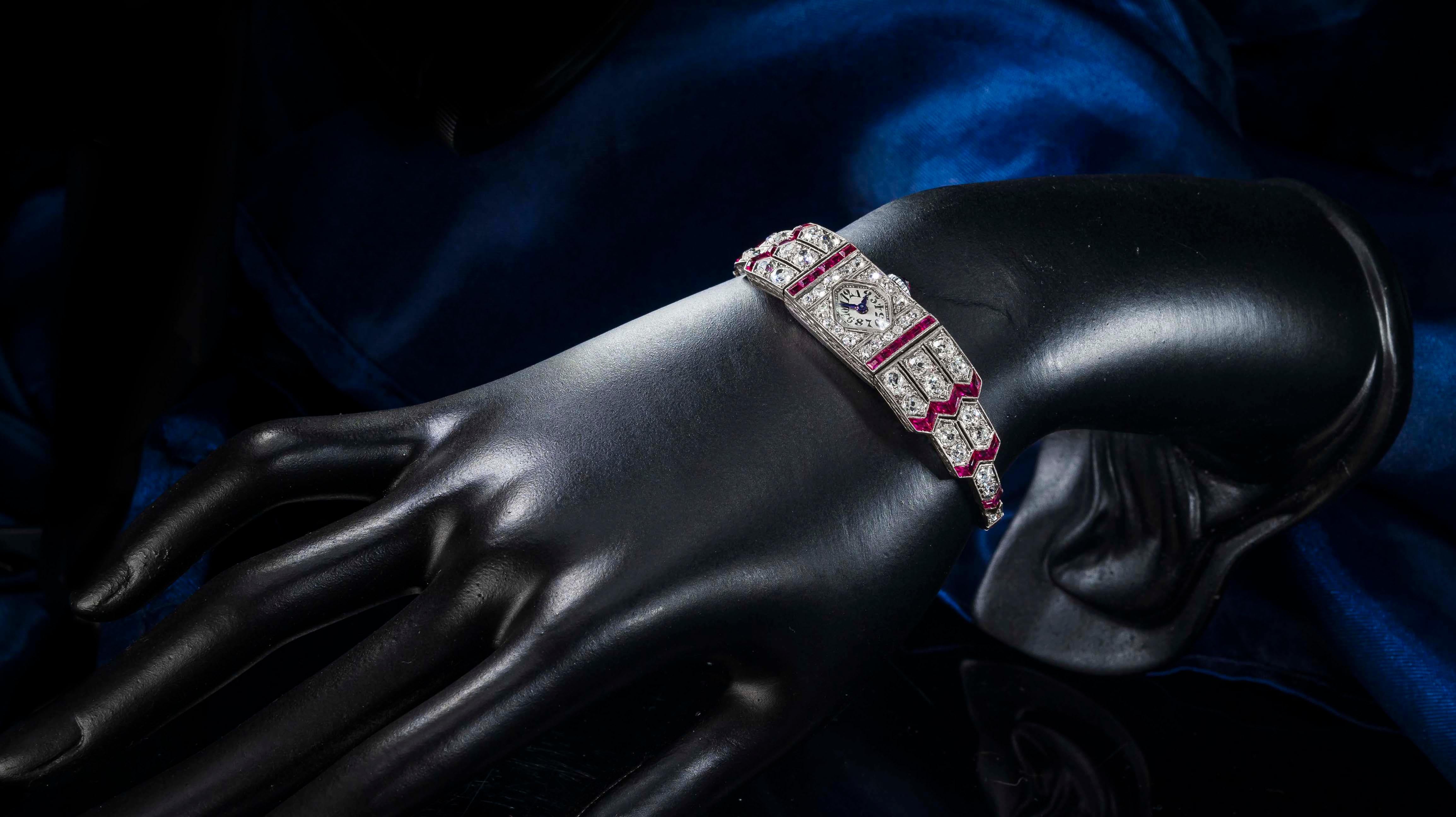 Art Deco Egyptian Revival Platinum Ruby Diamond IWC 14 Carat Diamond Watch 9