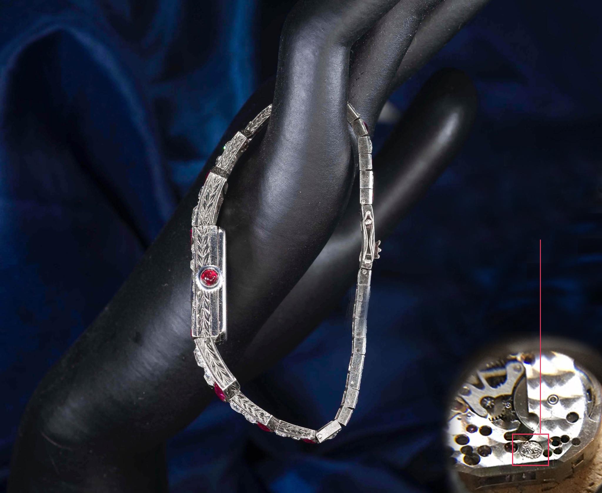 French Cut Art Deco Egyptian Revival Platinum Ruby Diamond IWC 14 Carat Diamond Watch
