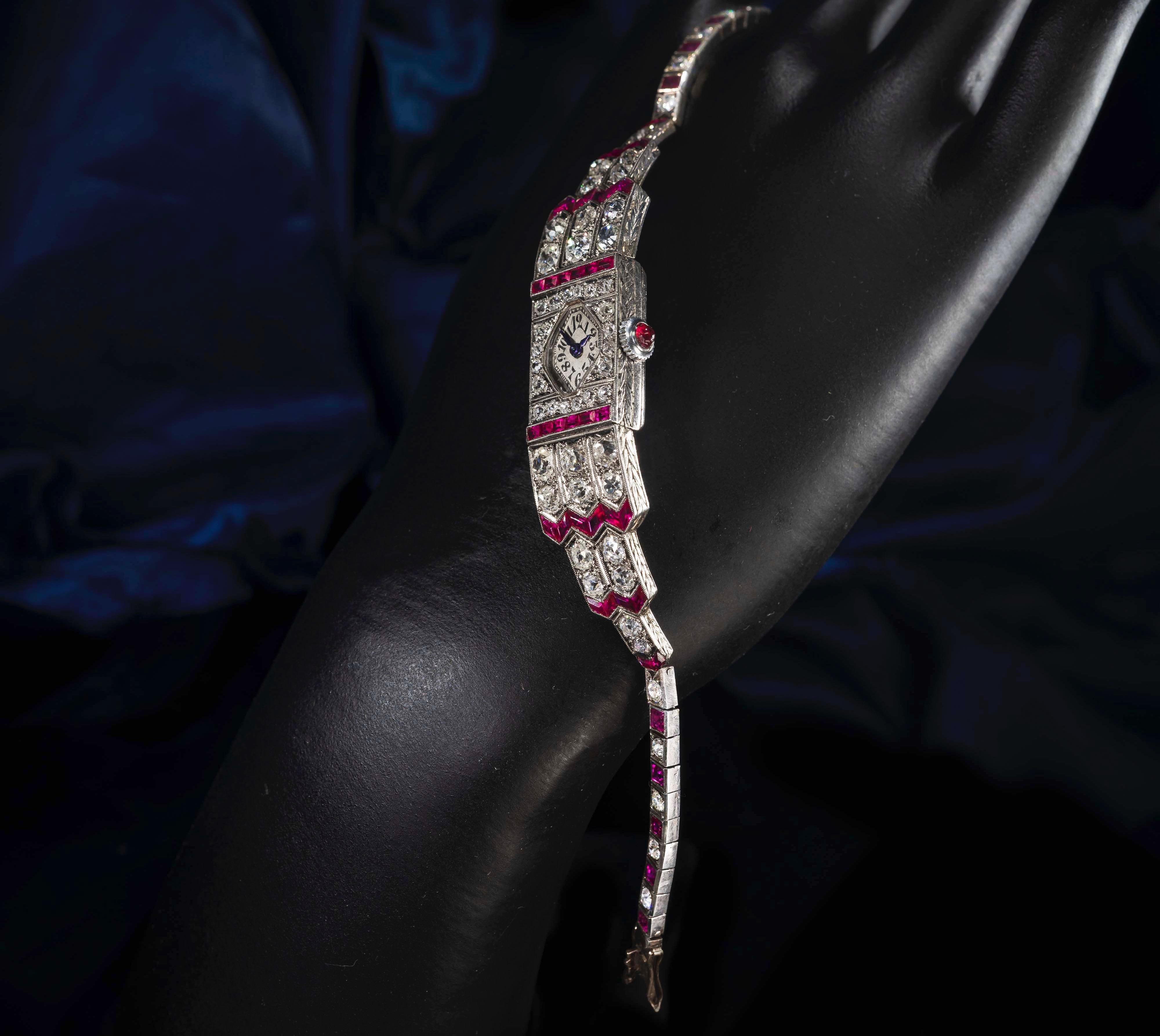 Art Deco Egyptian Revival Platinum Ruby Diamond IWC 14 Carat Diamond Watch In Good Condition In New york, NY