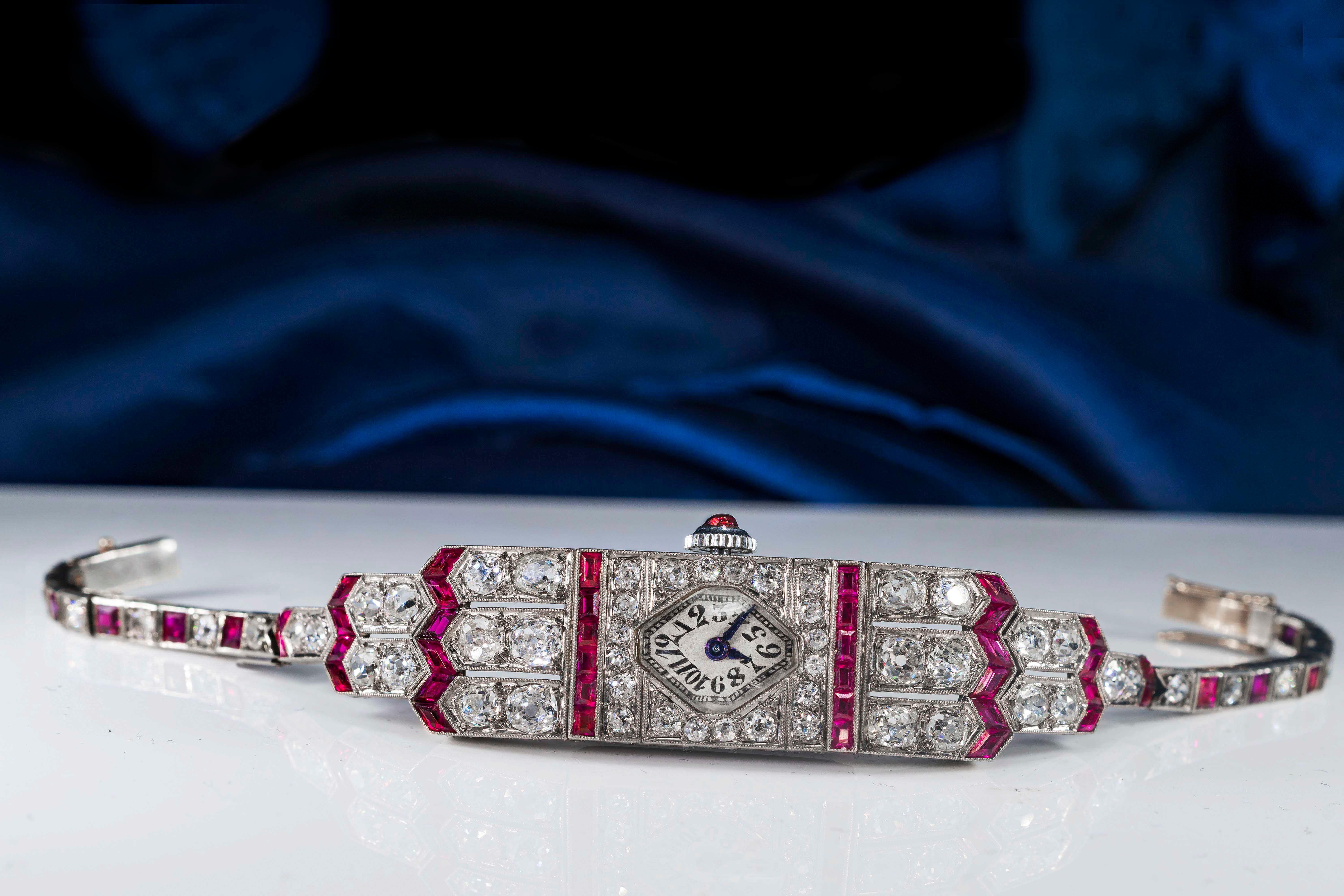 Art Deco Egyptian Revival Platinum Ruby Diamond IWC 14 Carat Diamond Watch 2
