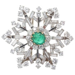 Art Deco French Emerald Cabochon Diamond Platinum Brooch