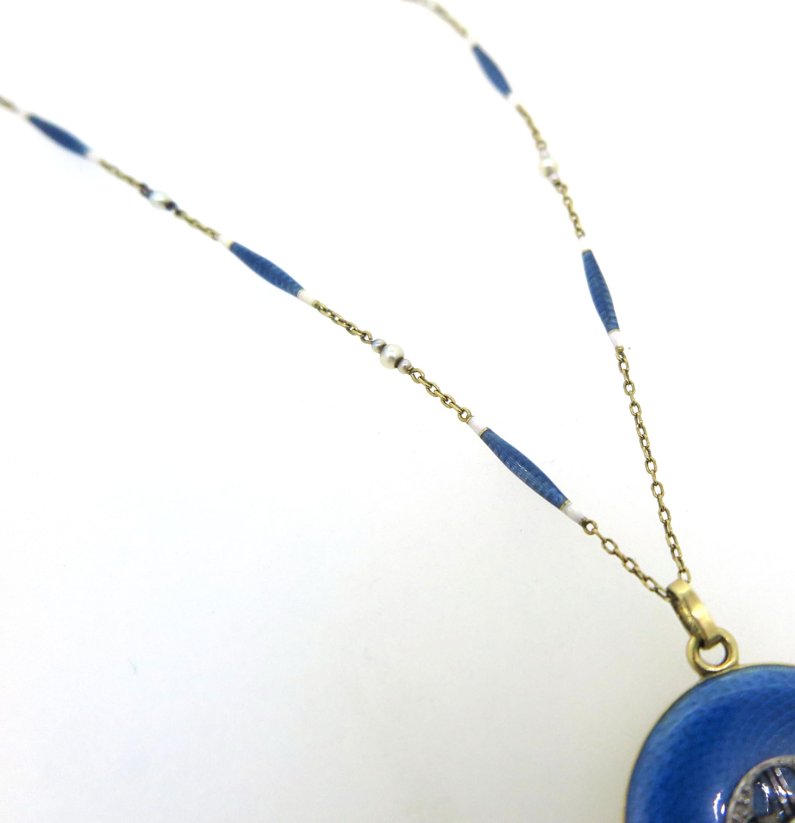 Art Deco, French Enamel Diamond Locket and Seed Pearl Chain In Excellent Condition For Sale In Melbourne, AU