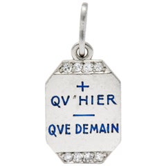 Art Deco French Enamel Diamond Platinum Qu Hier Que Demain Love Poem Charm