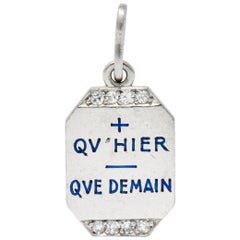 Art Deco French Enamel Diamond Platinum Qu Hier Que Demain Love Poem Charm