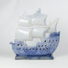 Art Déco French Enameled Blue Ceramic Sailing Ship Signed by M. Coulon for Kaza