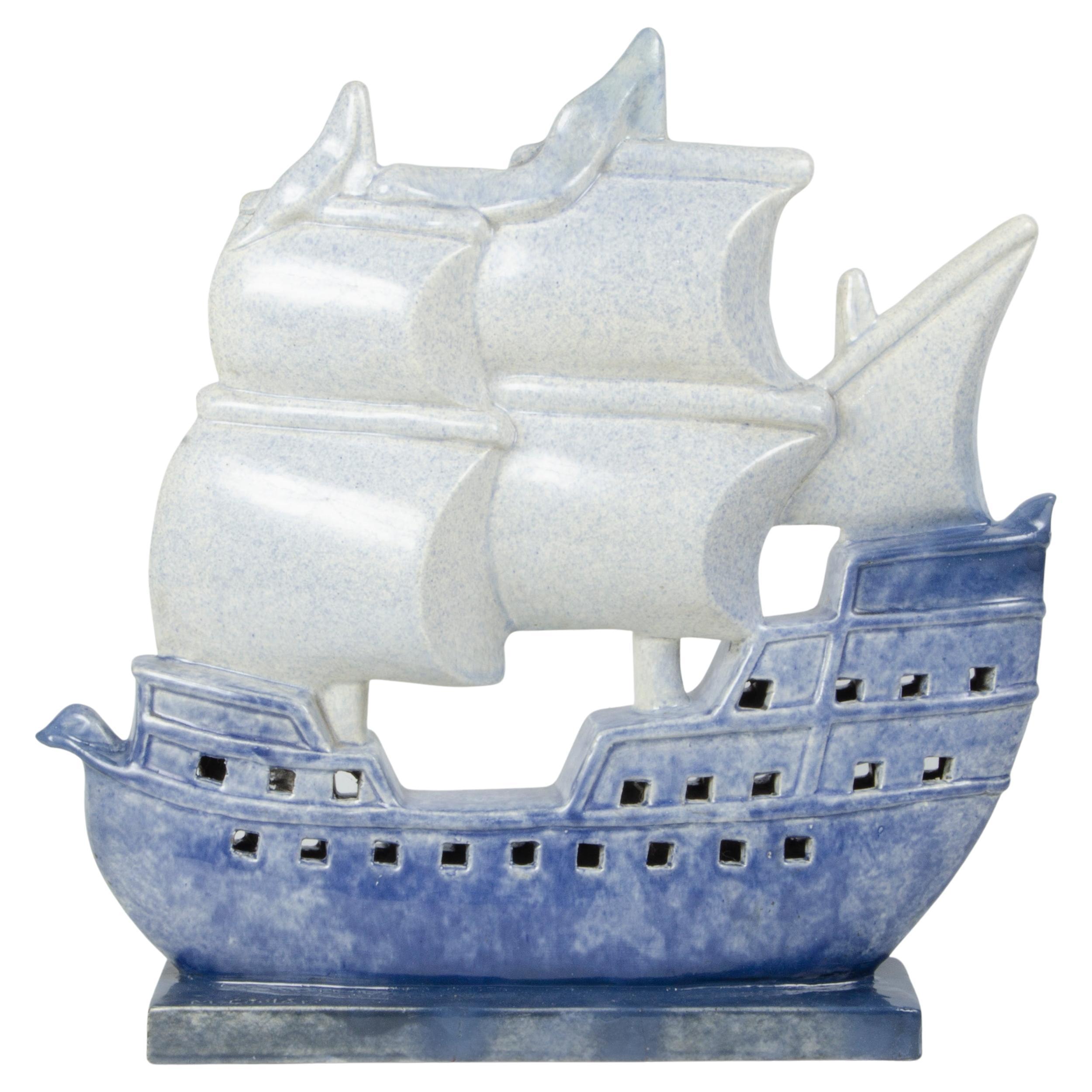 Art Déco French Enameled Blue Ceramic Sailing Ship Signed by M. Coulon for Kaza
