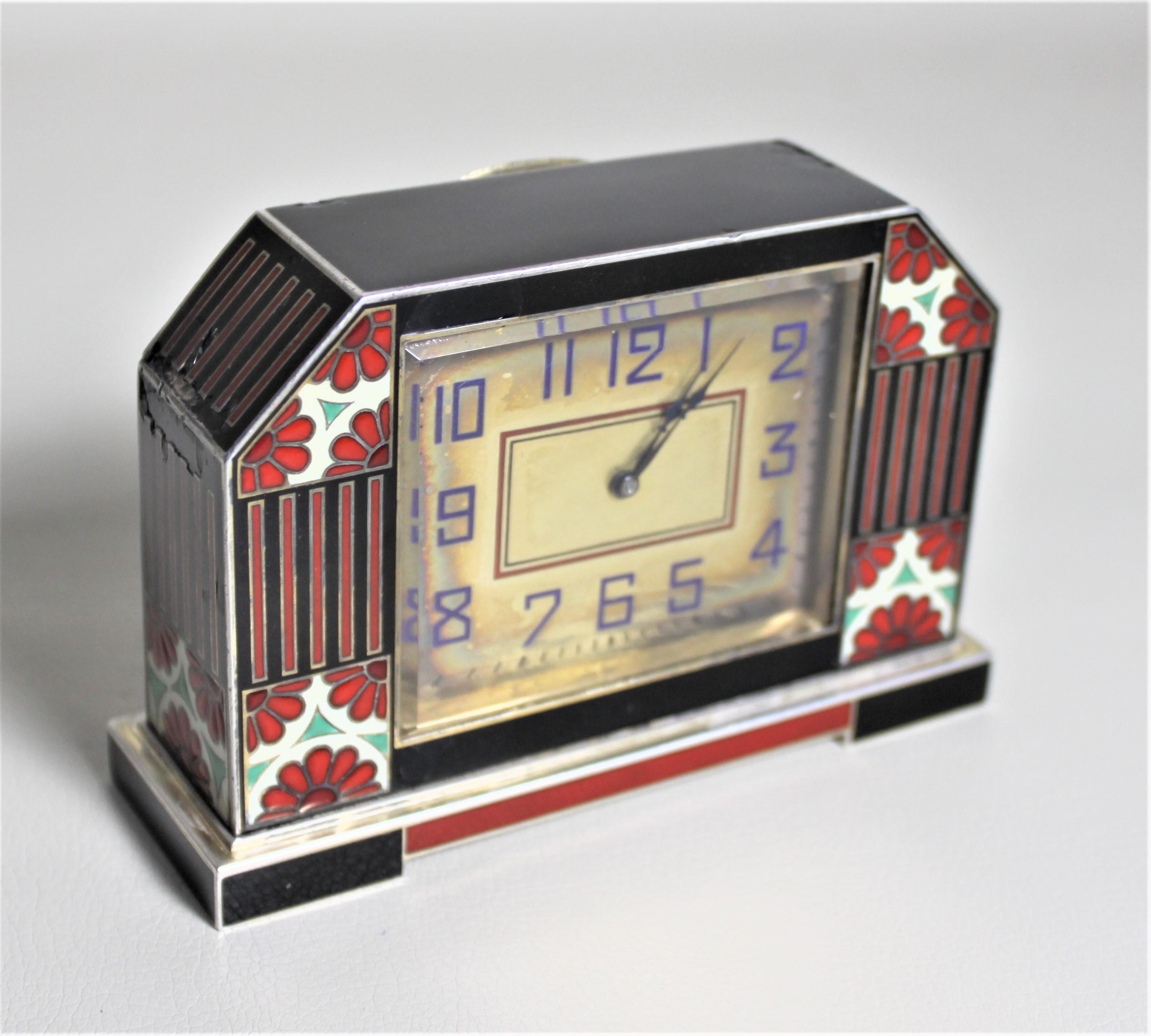 Art Deco French Enameled Silver Desk Clock For Sale 5