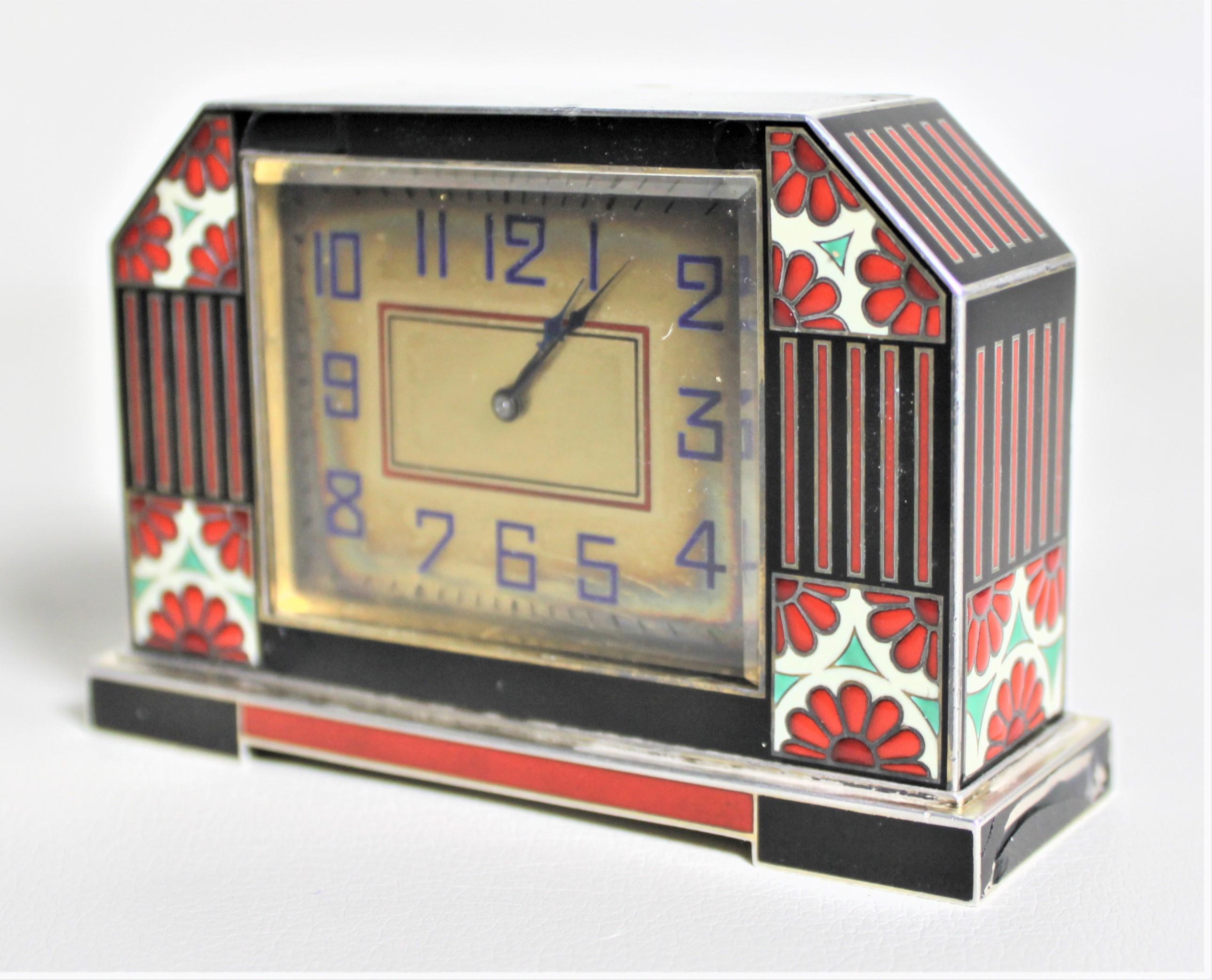 Art Deco French Enameled Silver Desk Clock For Sale 6