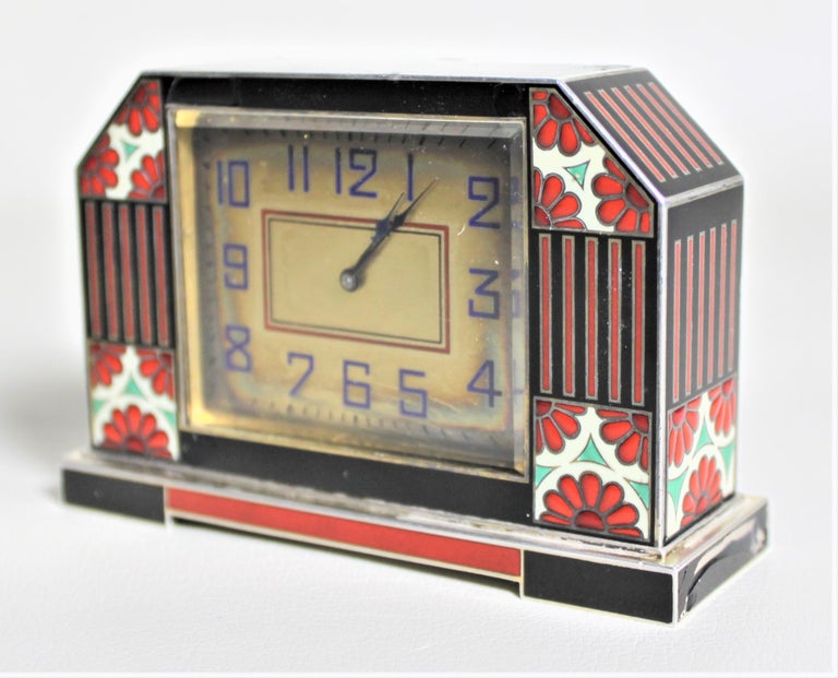 Art Deco French Enameled Silver Desk Clock For Sale at 1stDibs