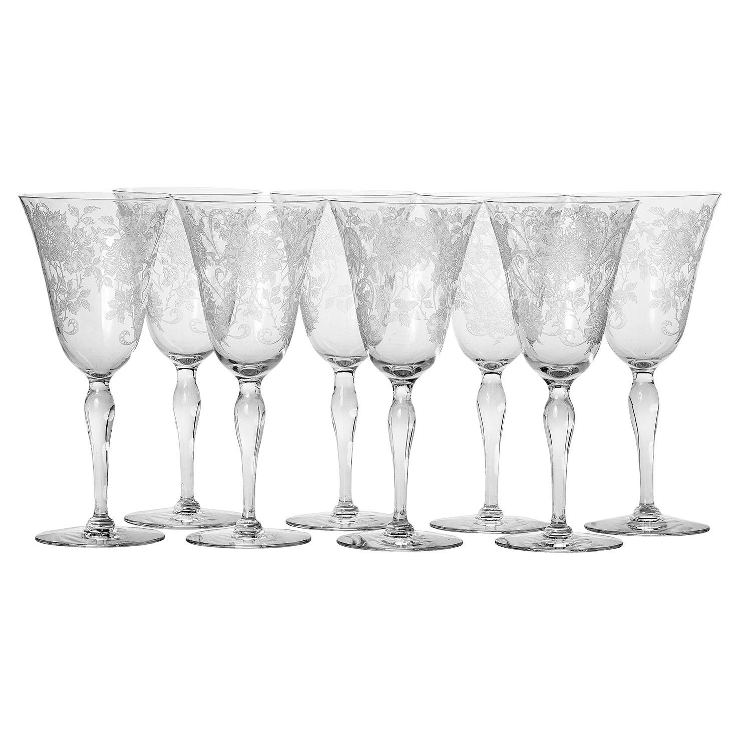 Art Deco French Etched Crystal Wine Glasses Set/8  For Sale