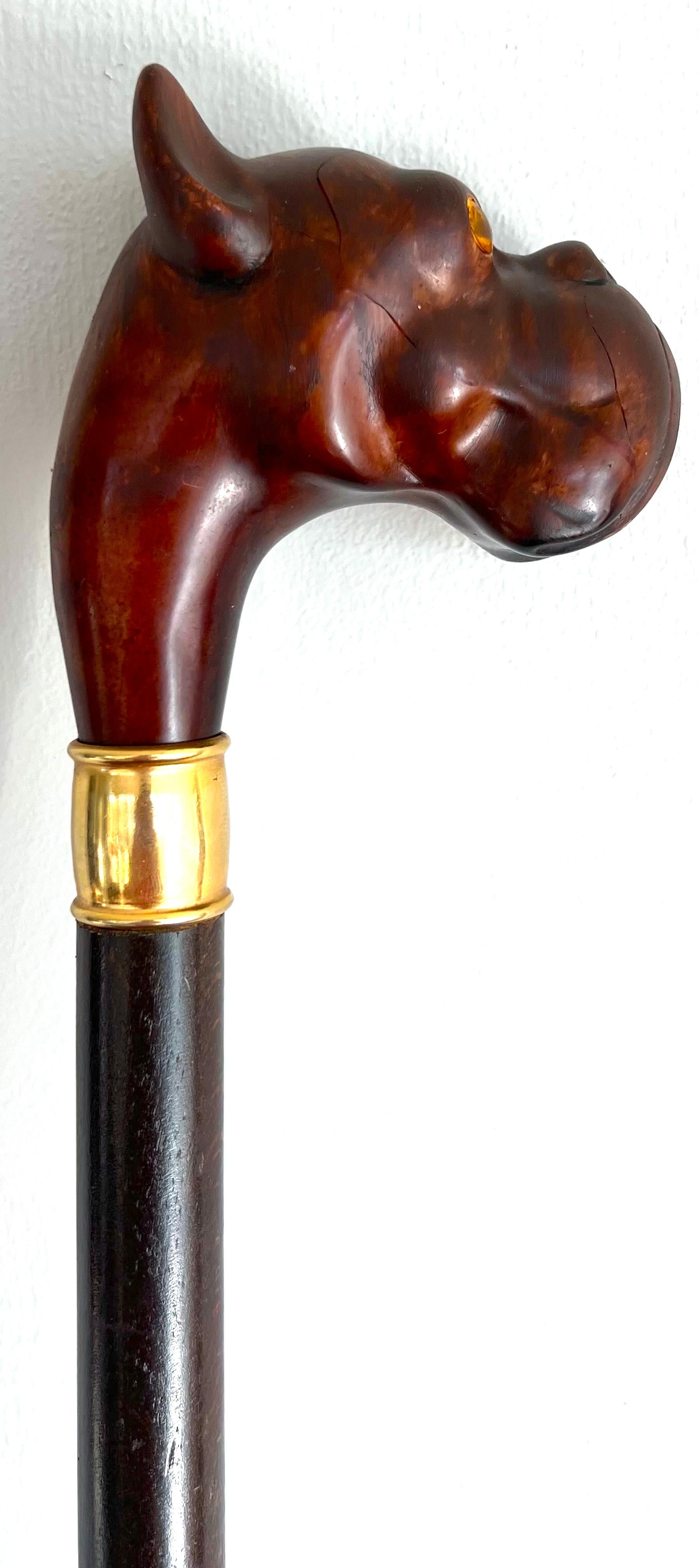 Art Deco French Figural Bakelite Bulldog Cane/Walking Stick Solid Gold Ferrel In Good Condition For Sale In West Palm Beach, FL