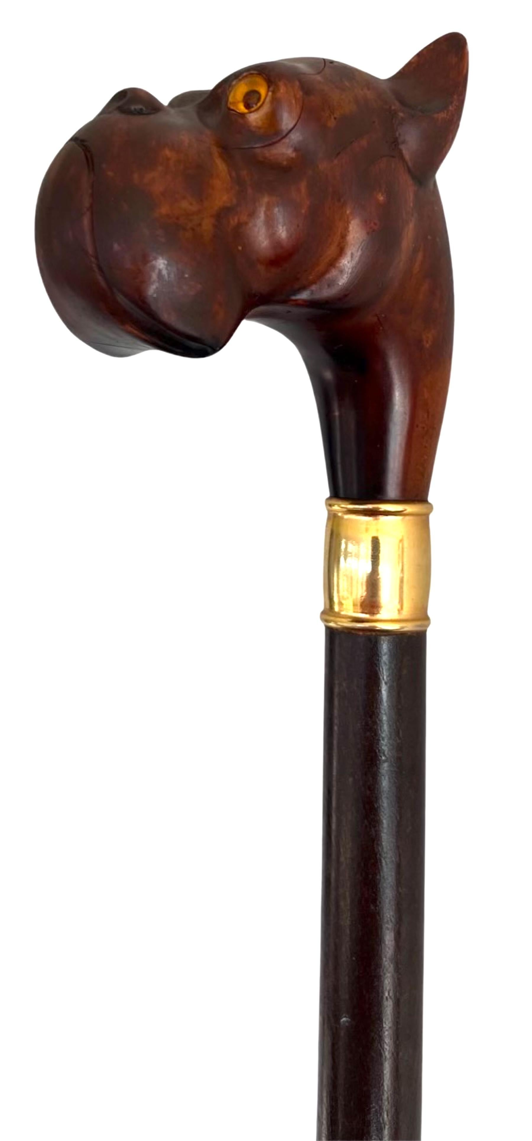 Early 20th Century Art Deco French Figural Bakelite Bulldog Cane/Walking Stick Solid Gold Ferrel For Sale