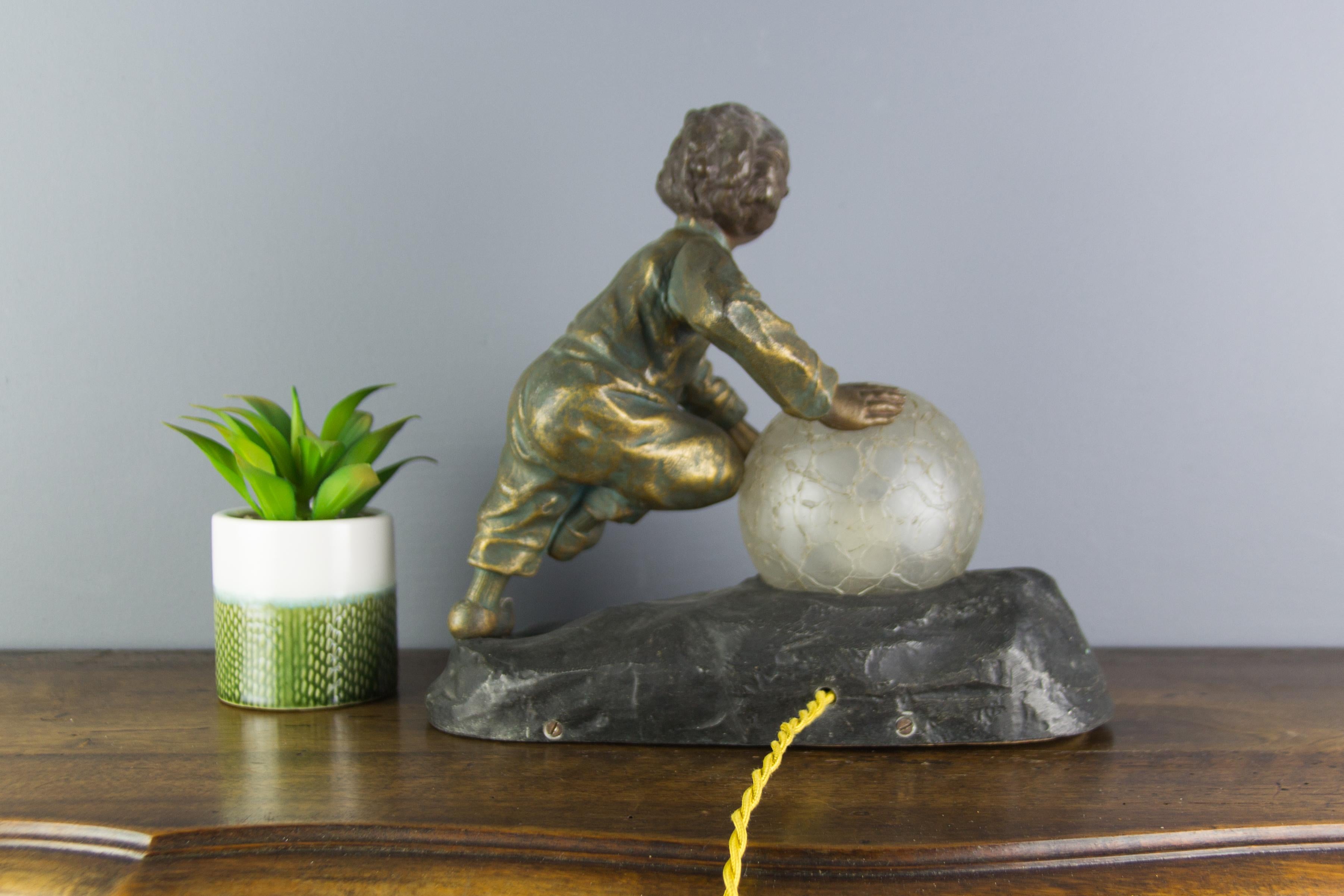 Art Deco French Figural Lamp Boy Pushing a Snowball Crackle Glass Globe Shade 5