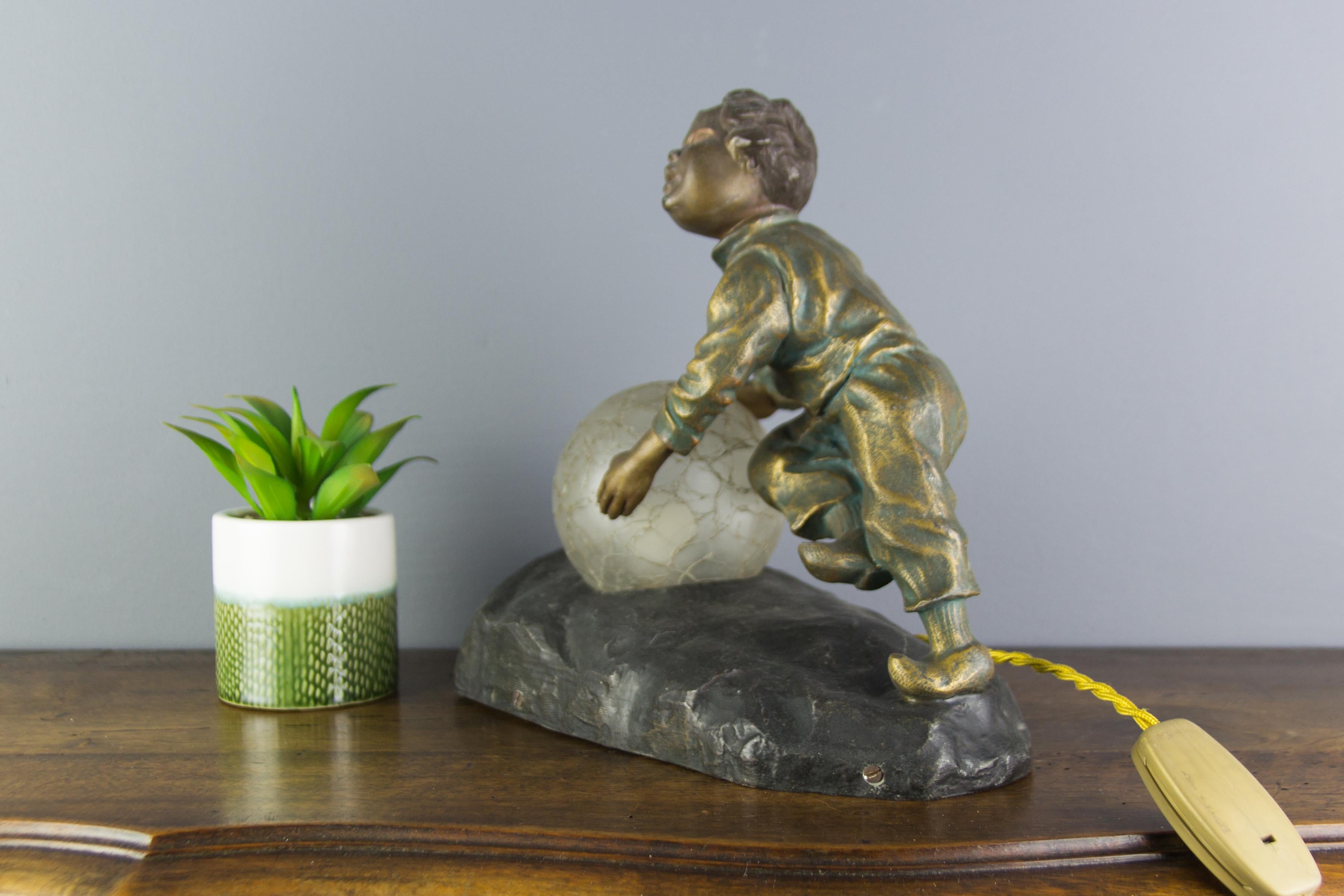 Art Deco French Figural Lamp Boy Pushing a Snowball Crackle Glass Globe Shade 7