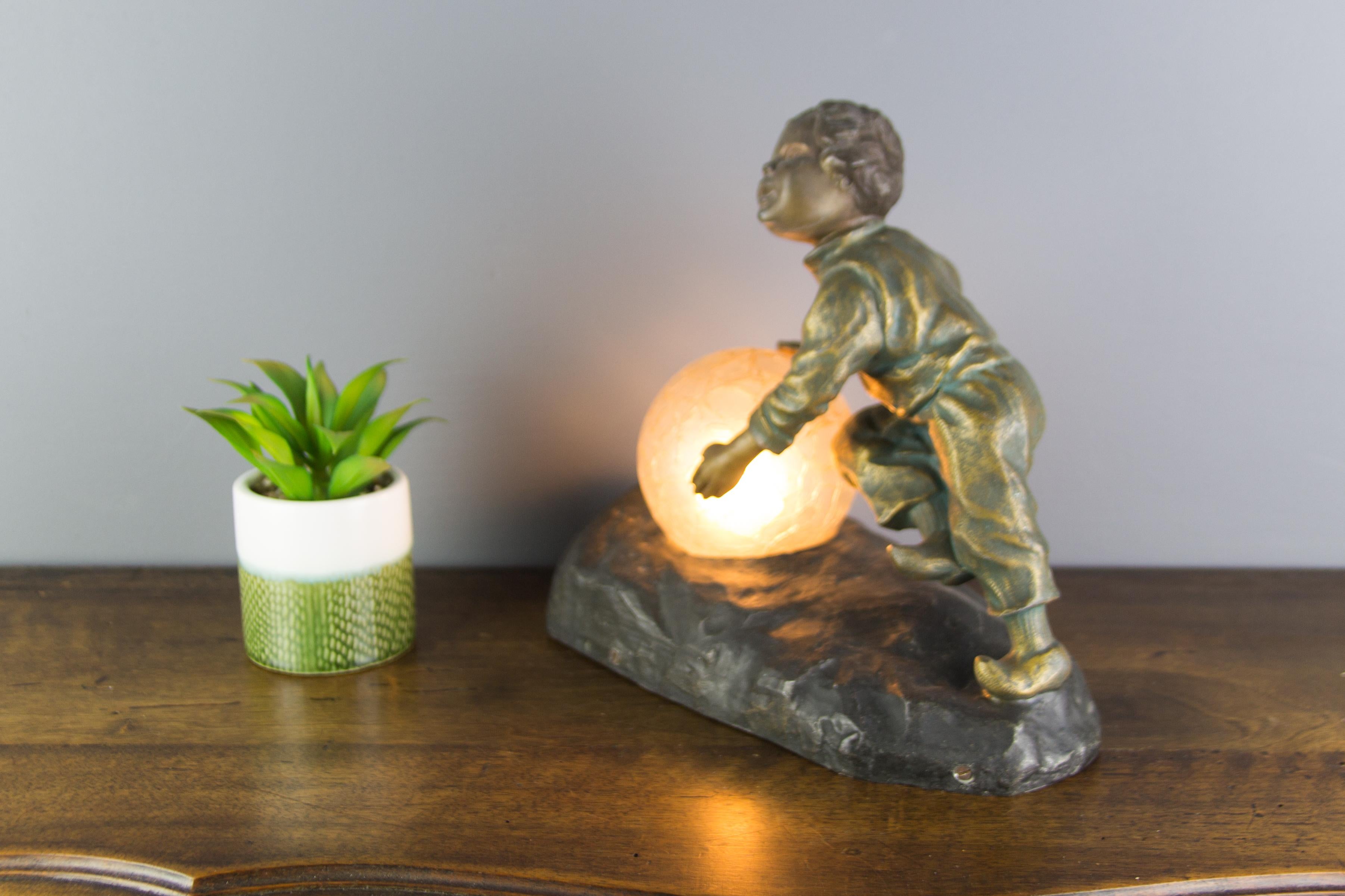 Art Deco French Figural Lamp Boy Pushing a Snowball Crackle Glass Globe Shade 8
