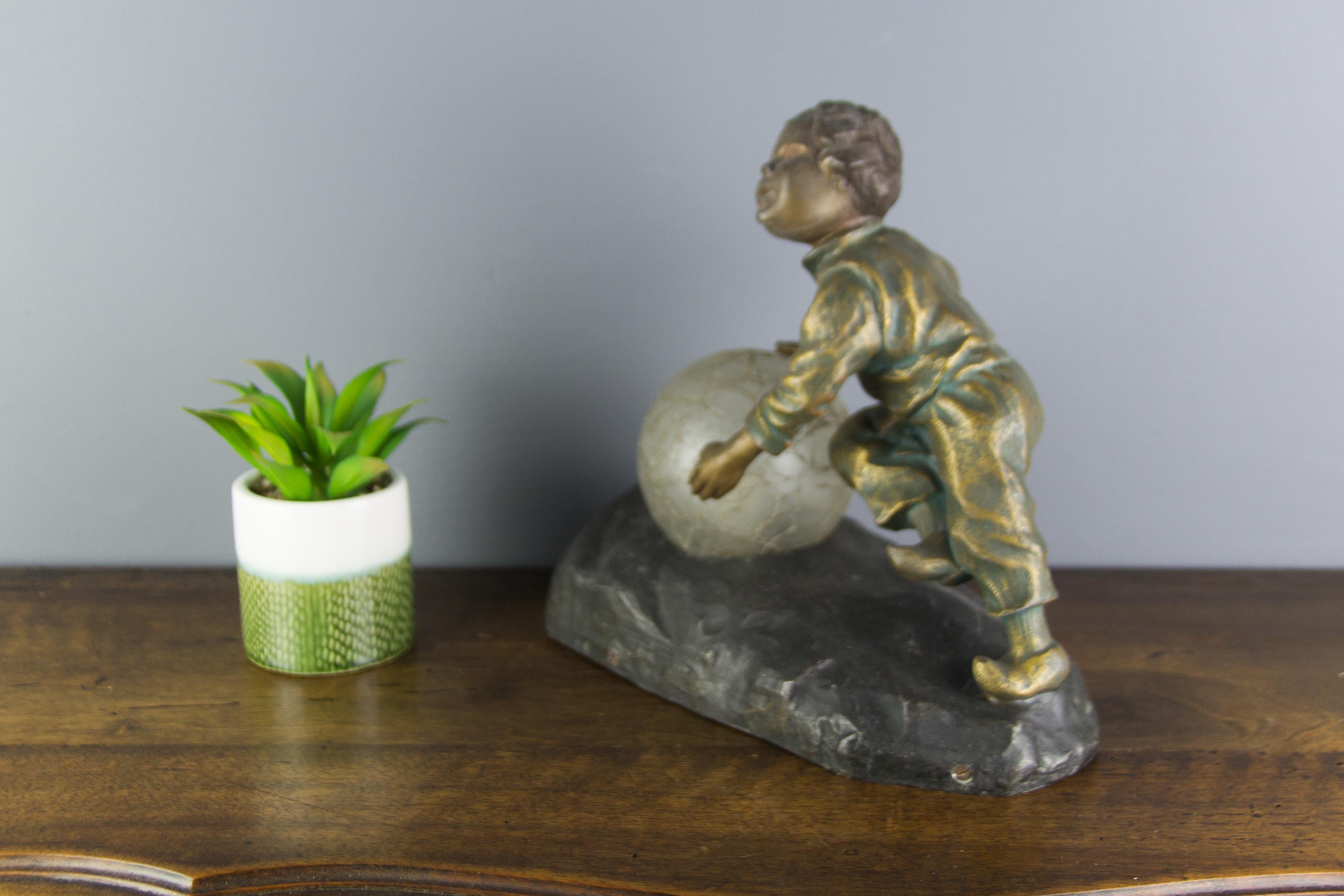 Art Deco French Figural Lamp Boy Pushing a Snowball Crackle Glass Globe Shade 9