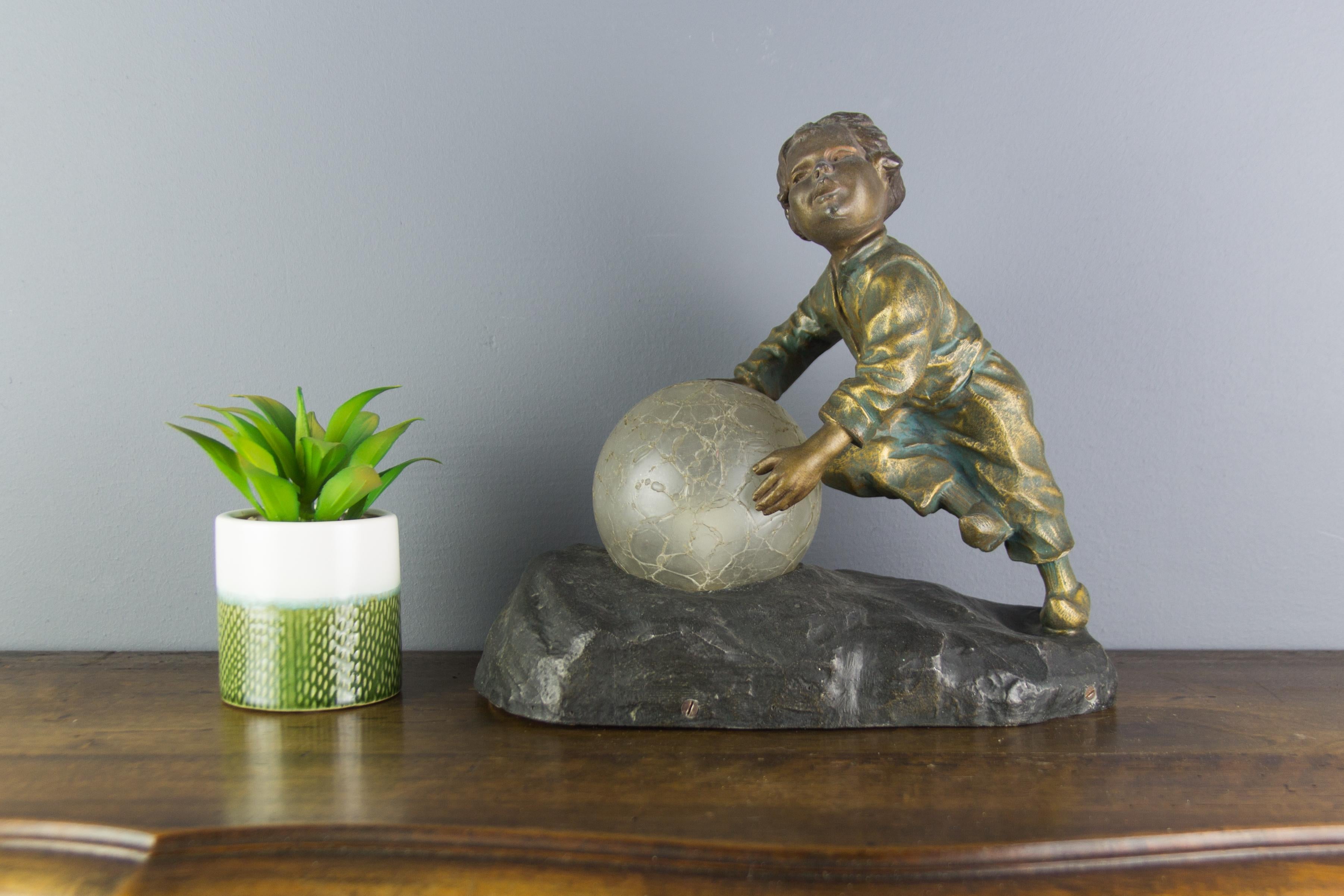 Art Deco French Figural Lamp Boy Pushing a Snowball Crackle Glass Globe Shade 10