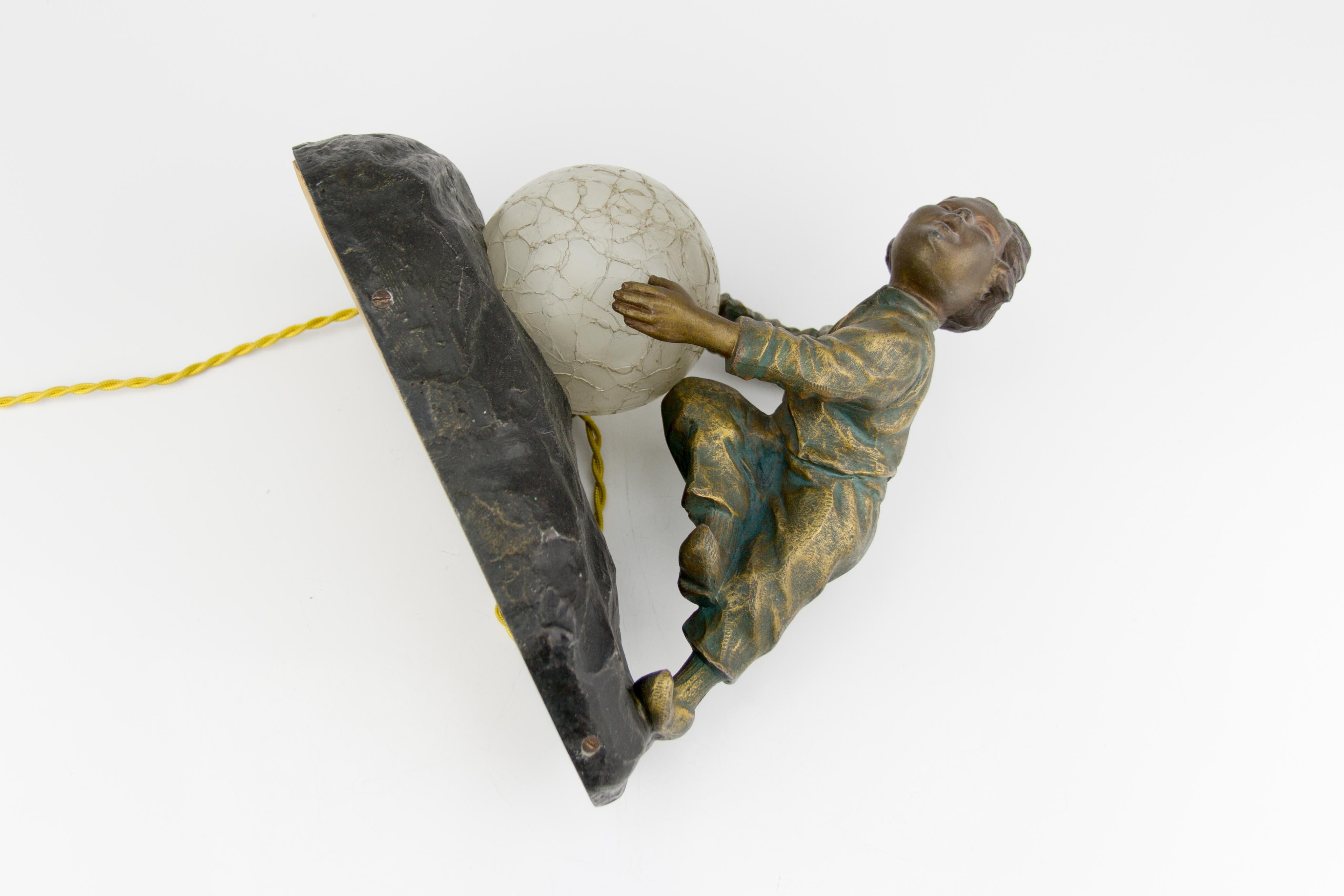 Art Deco French Figural Lamp Boy Pushing a Snowball Crackle Glass Globe Shade 12