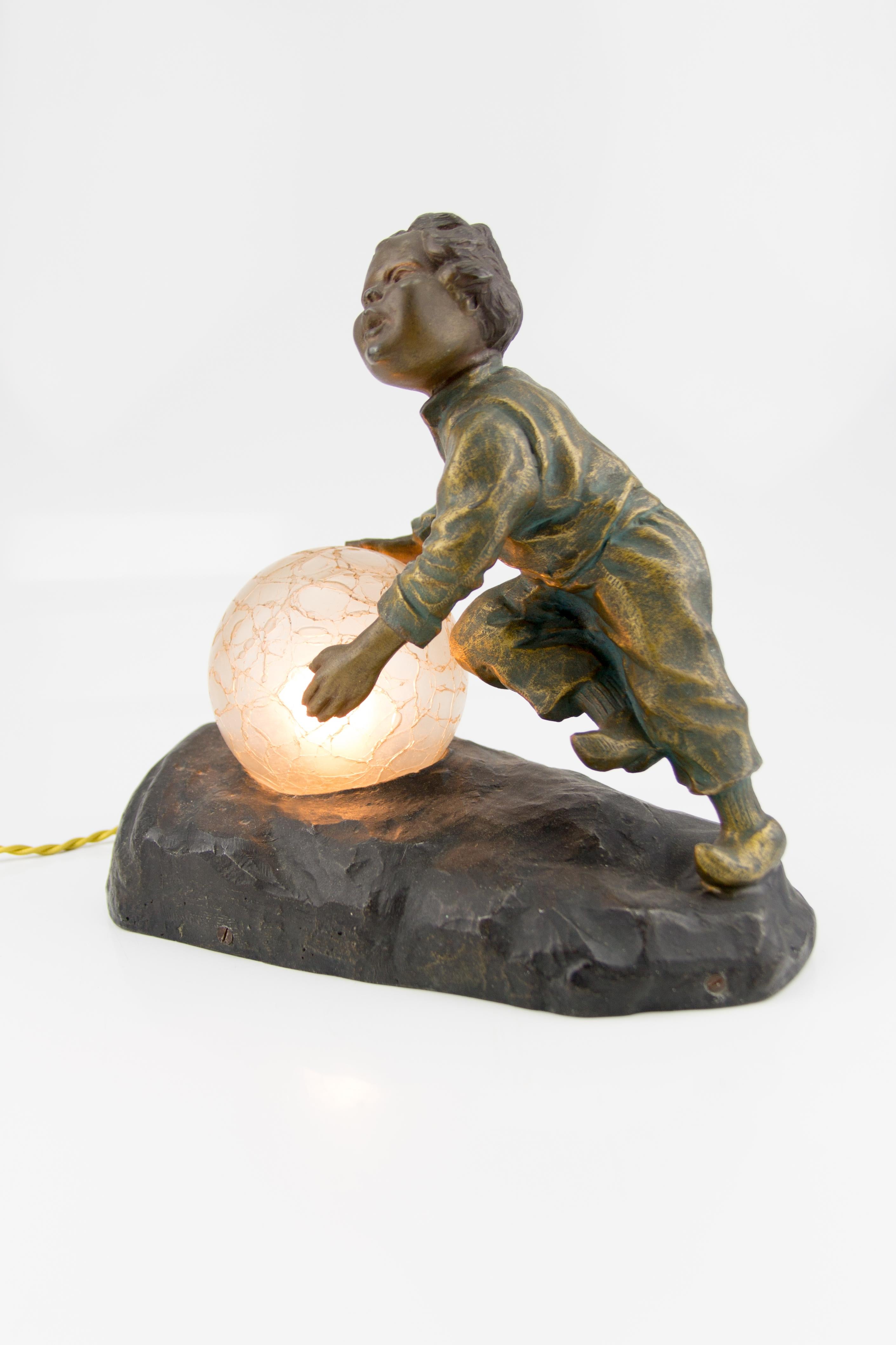 Art Deco French Figural Lamp Boy Pushing a Snowball Crackle Glass Globe Shade 15