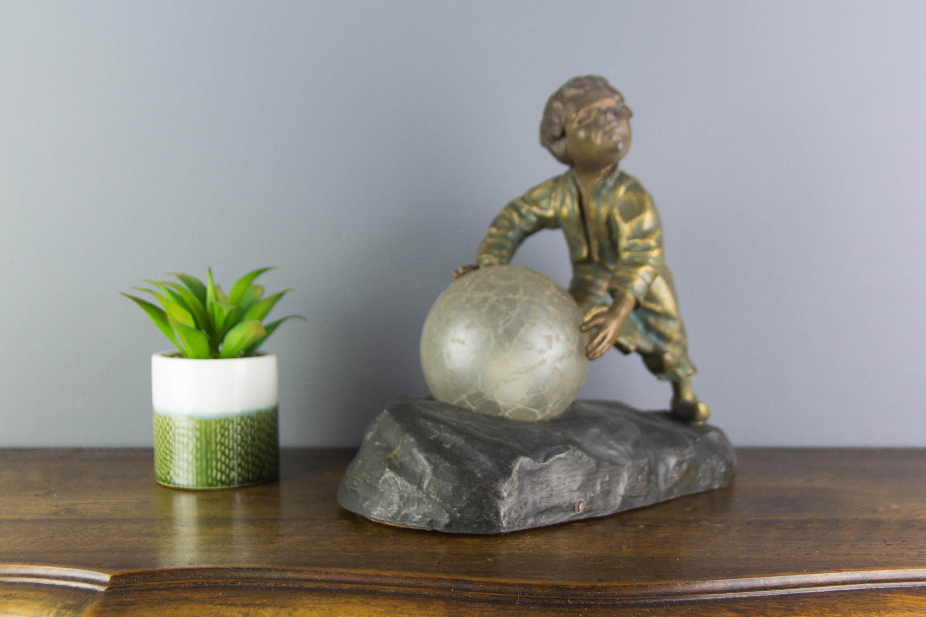 Art Deco French Figural Lamp Boy Pushing a Snowball Crackle Glass Globe Shade 2