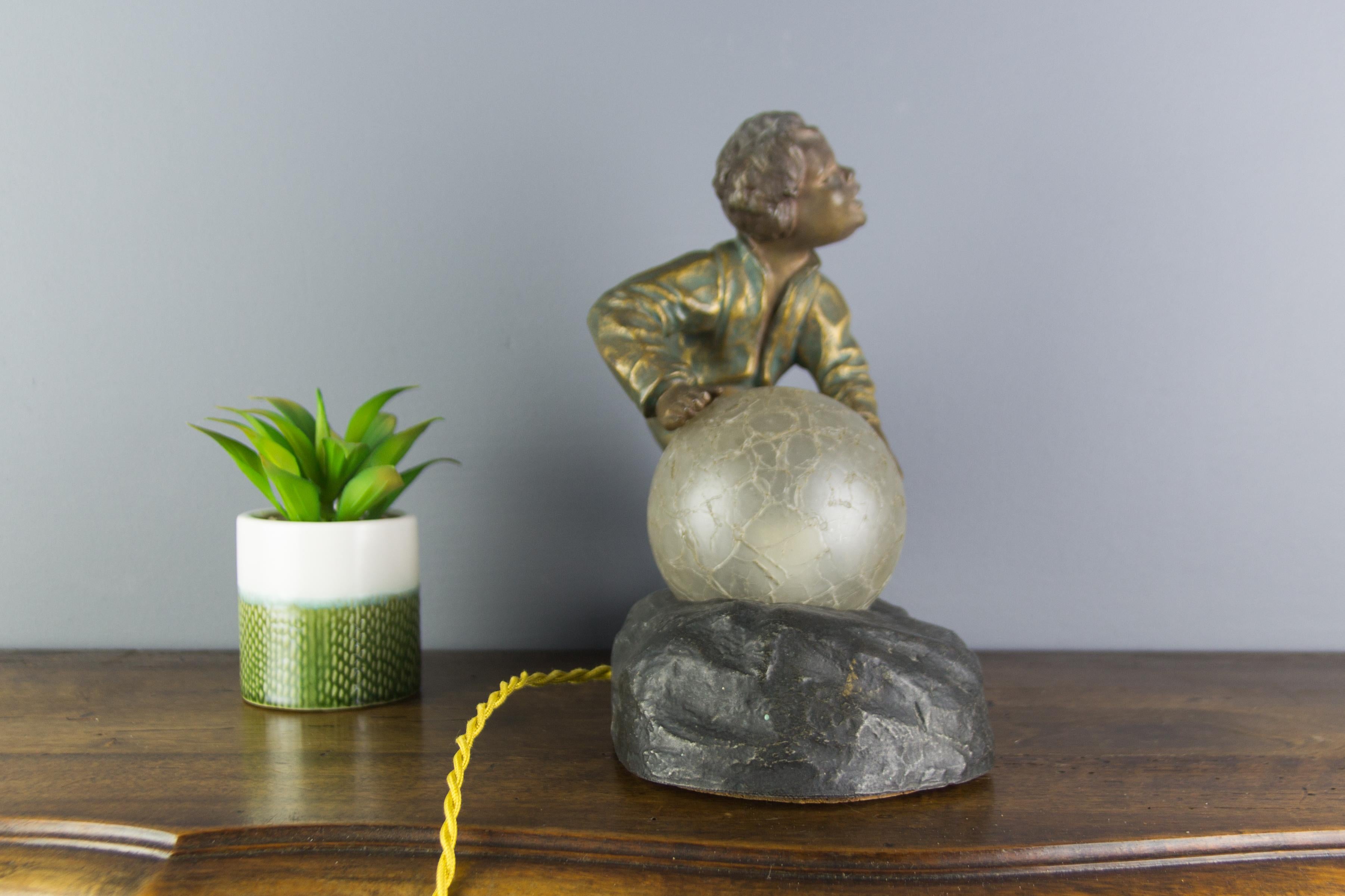 Art Deco French Figural Lamp Boy Pushing a Snowball Crackle Glass Globe Shade 3