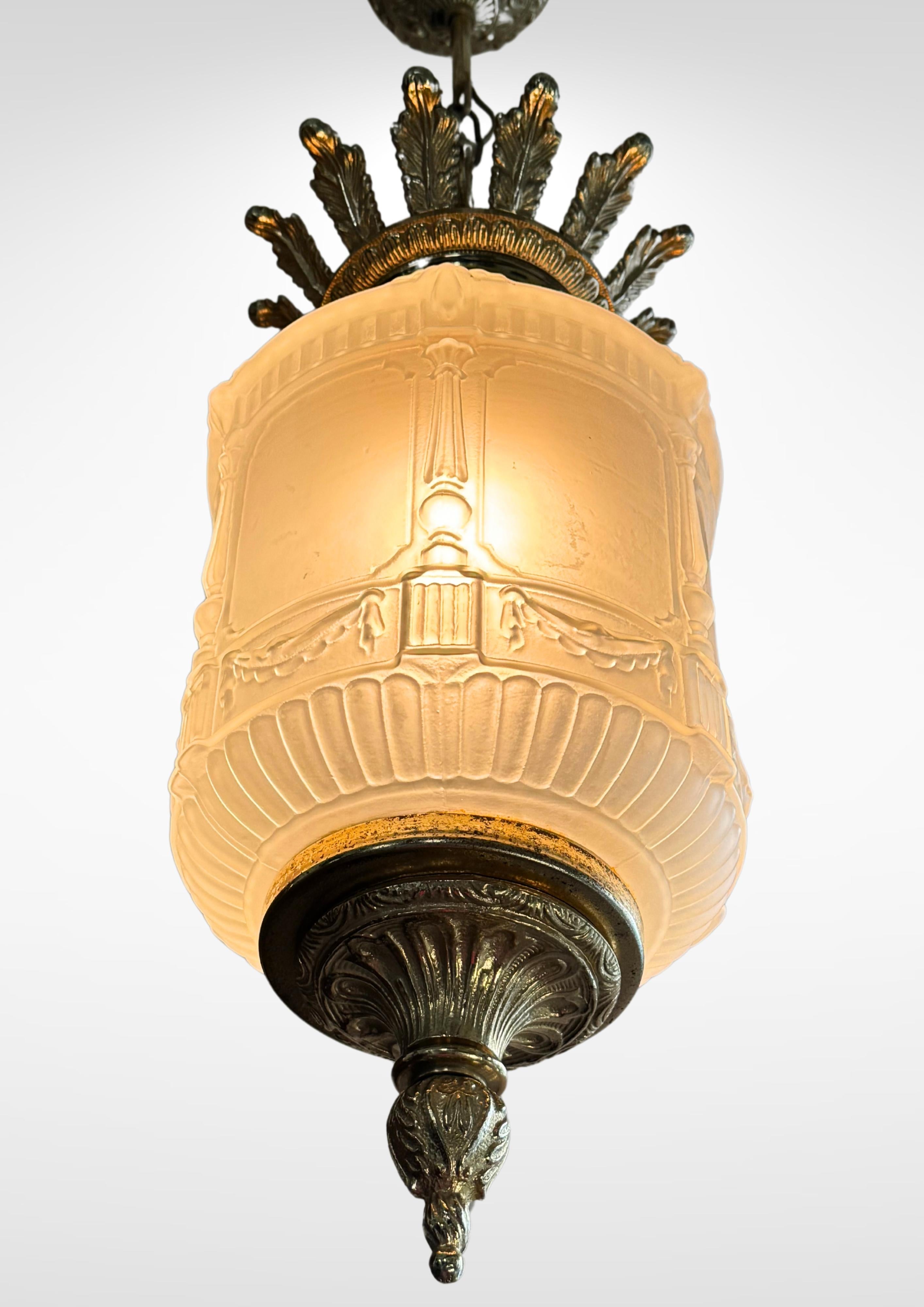 Art Deco French Frosted Glass Suspension Pendant Ceiling Light Degué attr. 5