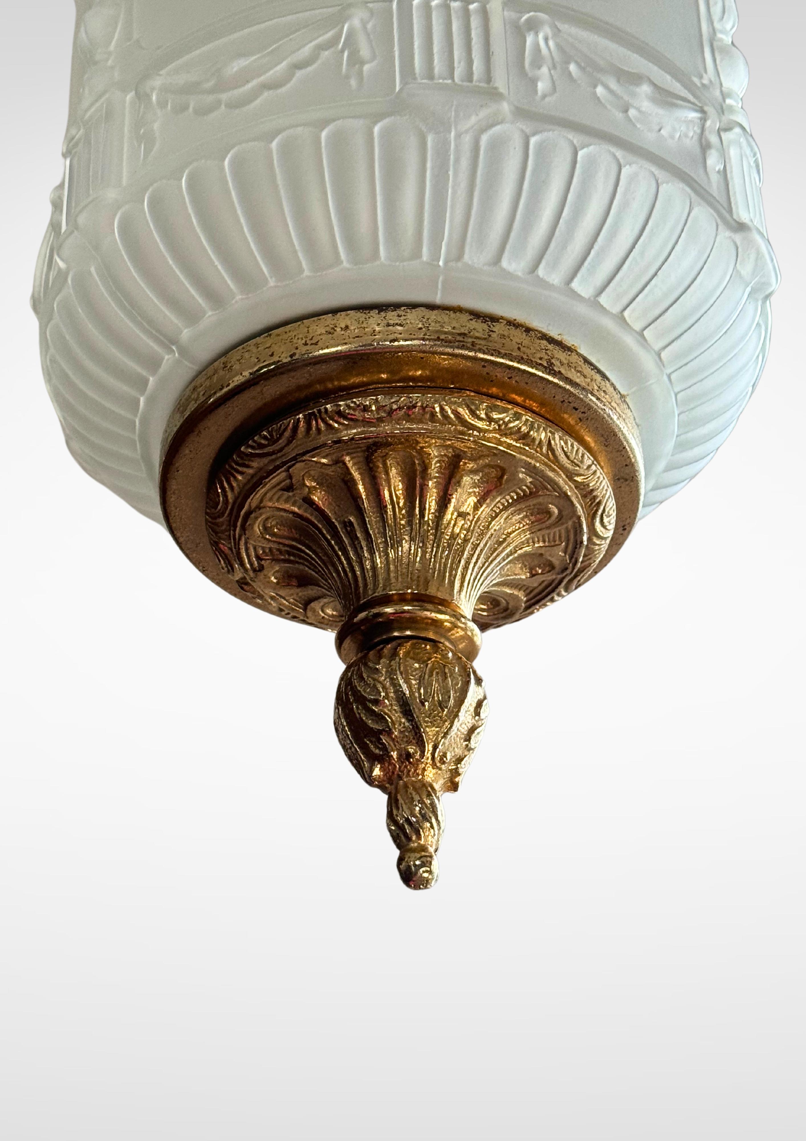 Art Deco French Frosted Glass Suspension Pendant Ceiling Light Degué attr. 6