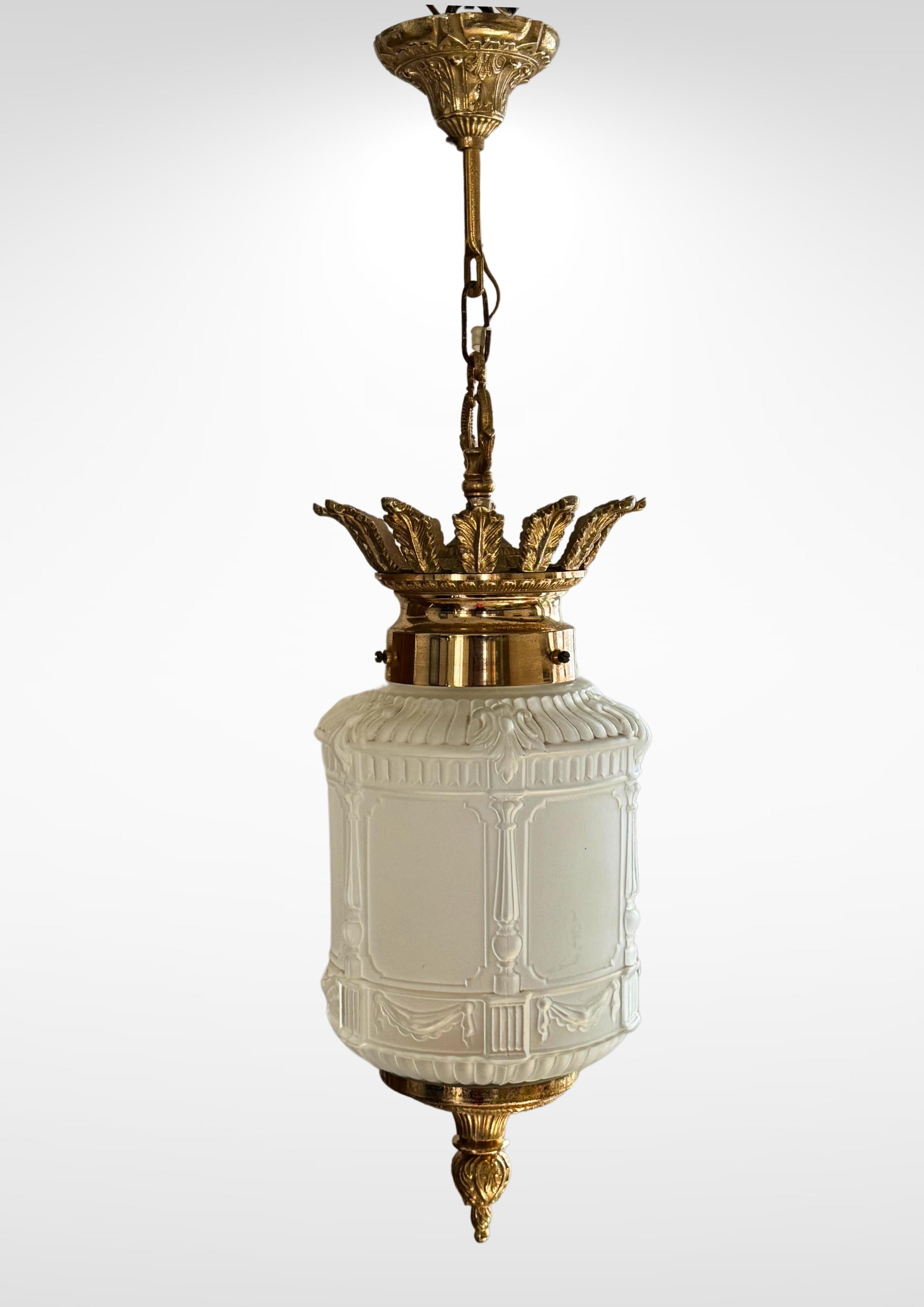 Other Art Deco French Frosted Glass Suspension Pendant Ceiling Light Degué attr.