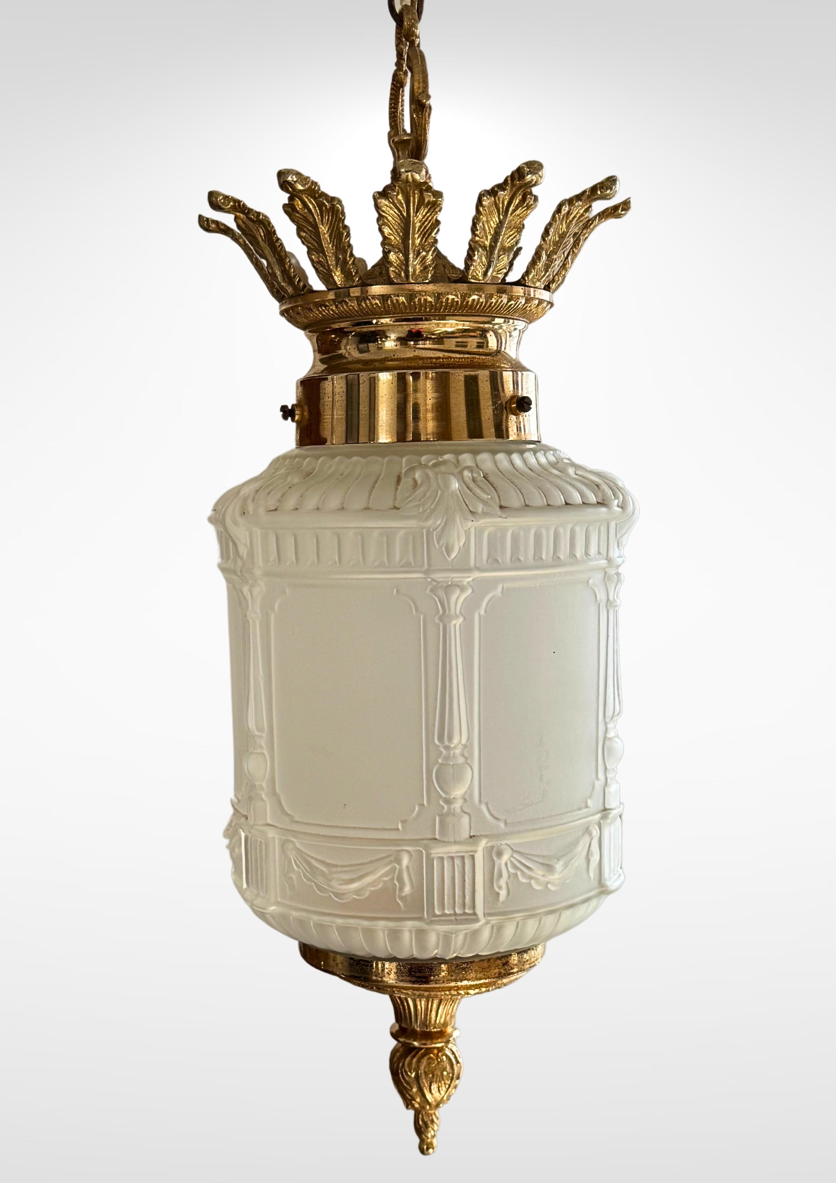 20th Century Art Deco French Frosted Glass Suspension Pendant Ceiling Light Degué attr.