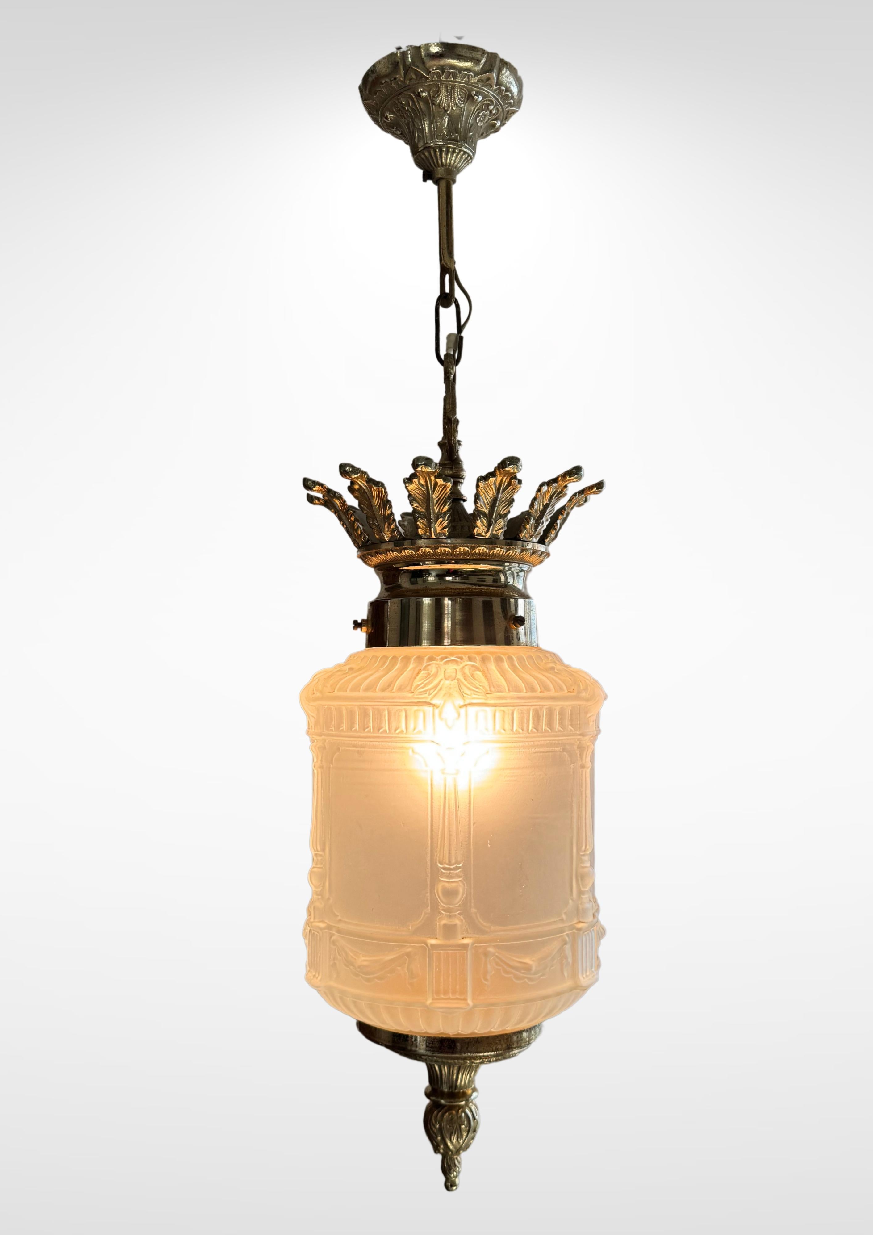 Art Deco French Frosted Glass Suspension Pendant Ceiling Light Degué attr. 1