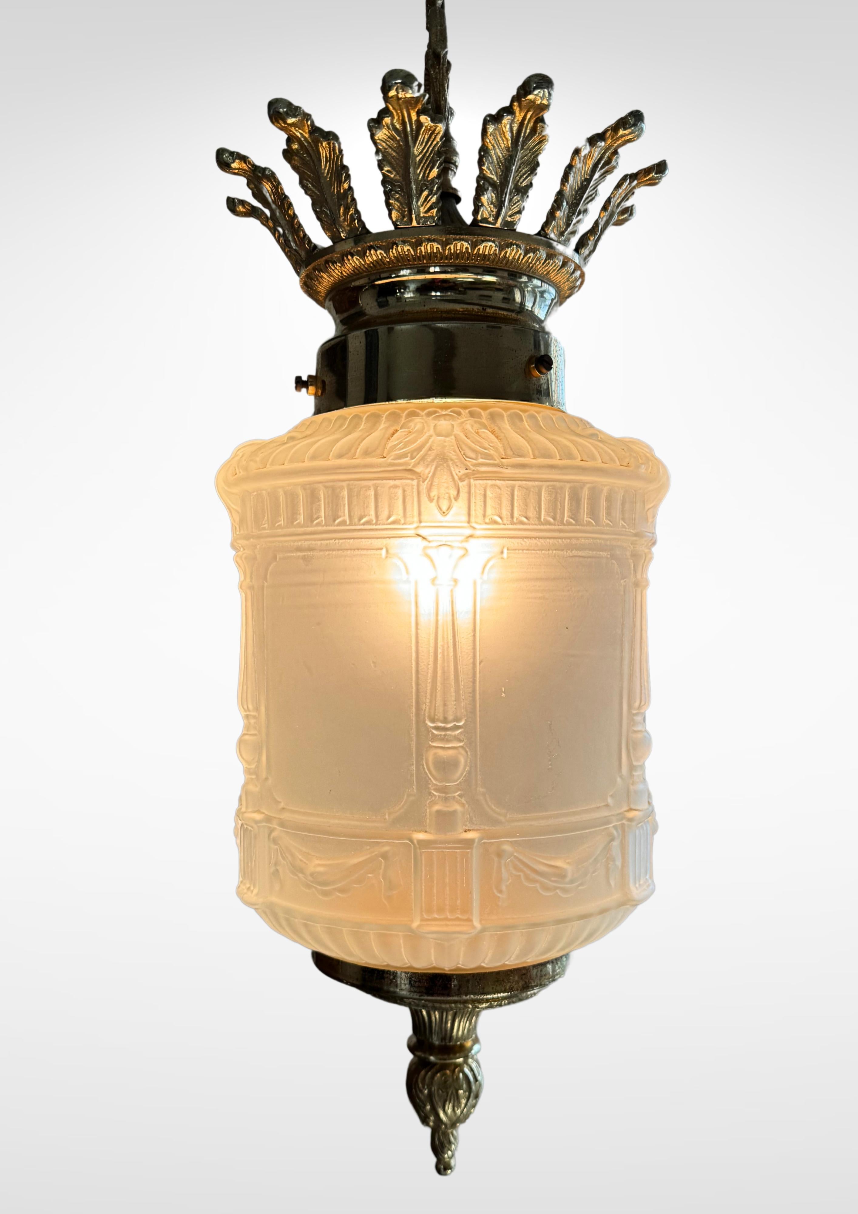 Art Deco French Frosted Glass Suspension Pendant Ceiling Light Degué attr. 2