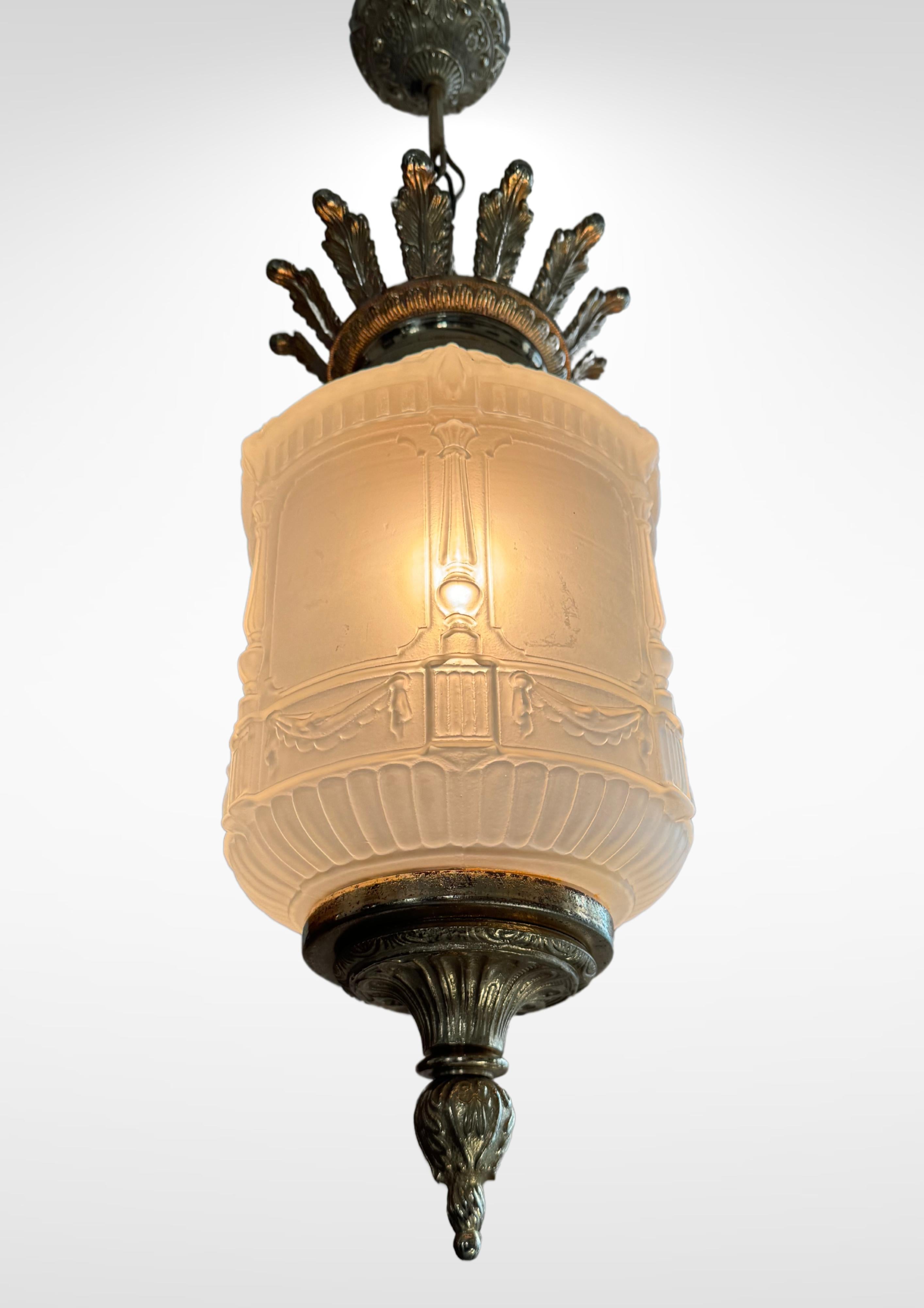 Art Deco French Frosted Glass Suspension Pendant Ceiling Light Degué attr. 3