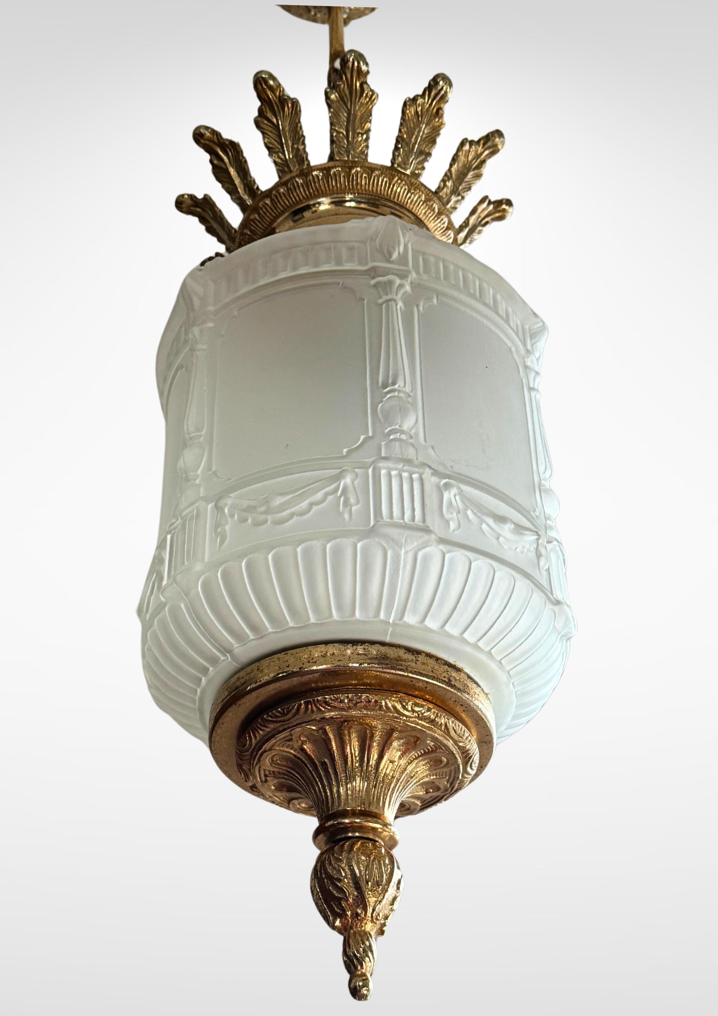 Art Deco French Frosted Glass Suspension Pendant Ceiling Light Degué attr. 4
