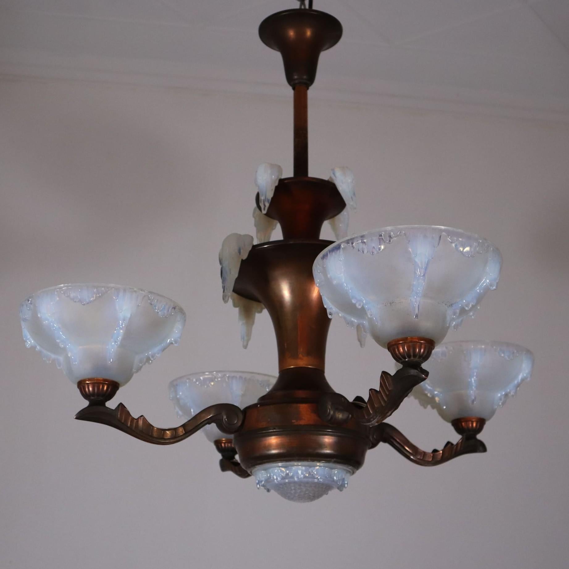 Art Deco Art deco french frosted opalescent glass copper chandelier by Ezan, 1930s For Sale