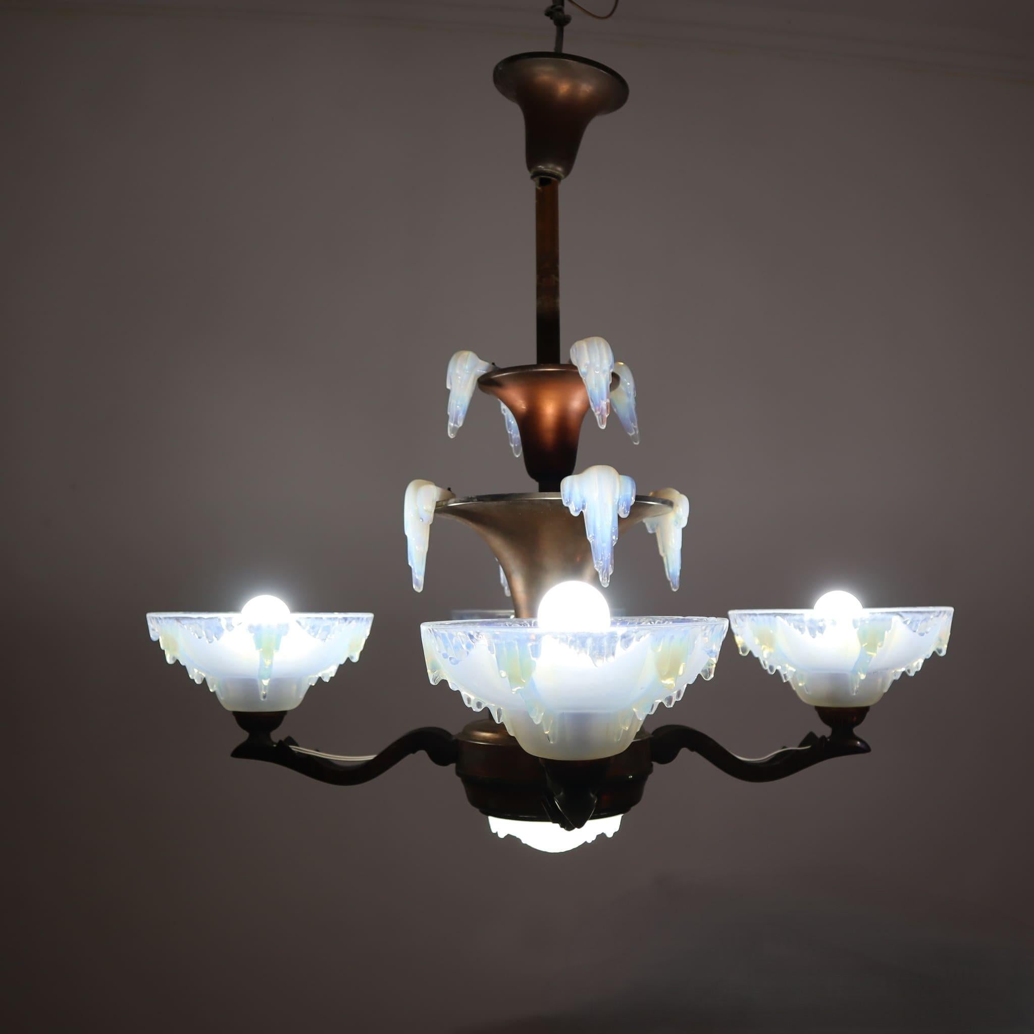 French Art deco french frosted opalescent glass copper chandelier by Ezan, 1930s For Sale