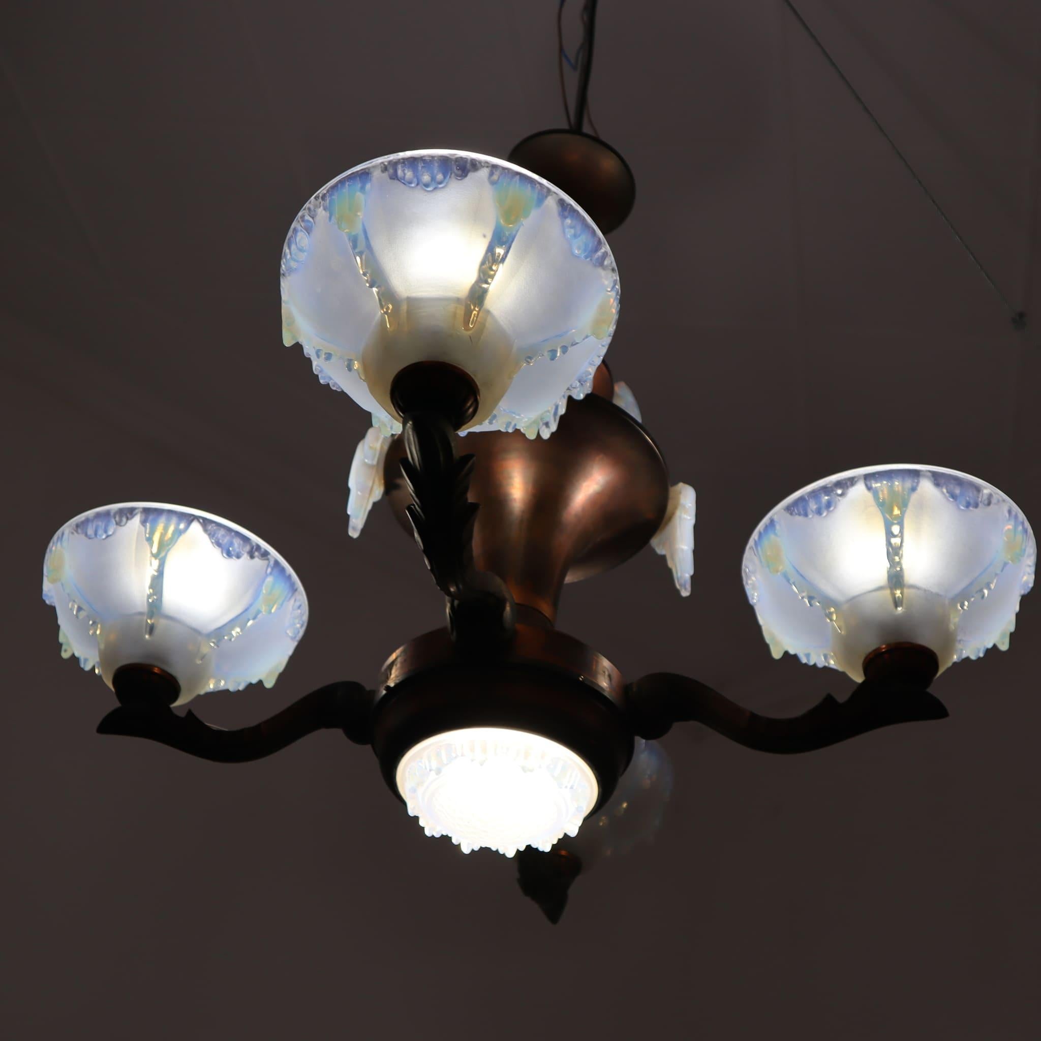 Copper Art deco french frosted opalescent glass copper chandelier by Ezan, 1930s For Sale
