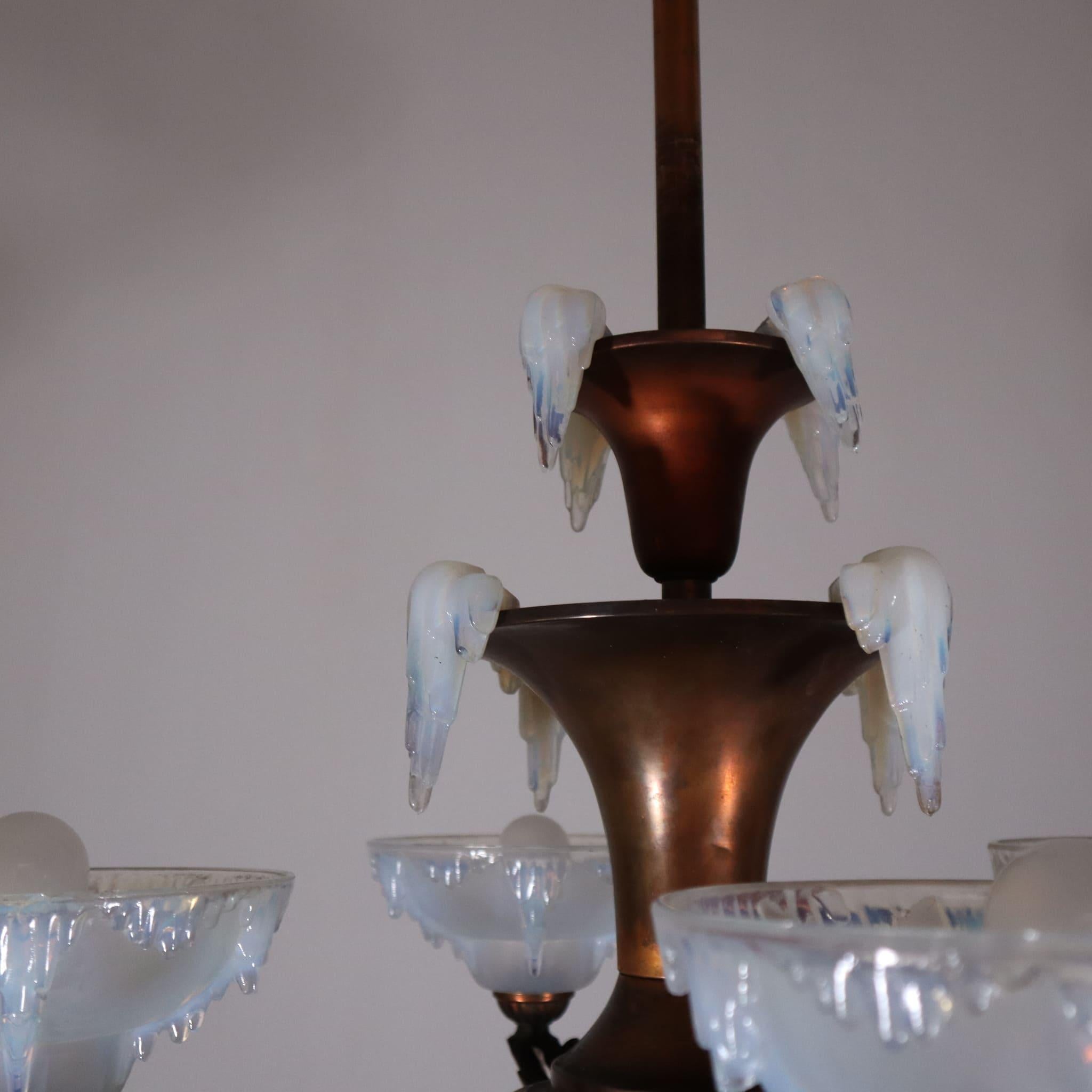 Art deco french frosted opalescent glass copper chandelier by Ezan, 1930s For Sale 1