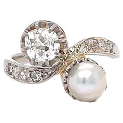 Art Deco French GIA 0.82 Carat Diamond Pearl 18 Karat White Gold Toi et Moi Ring