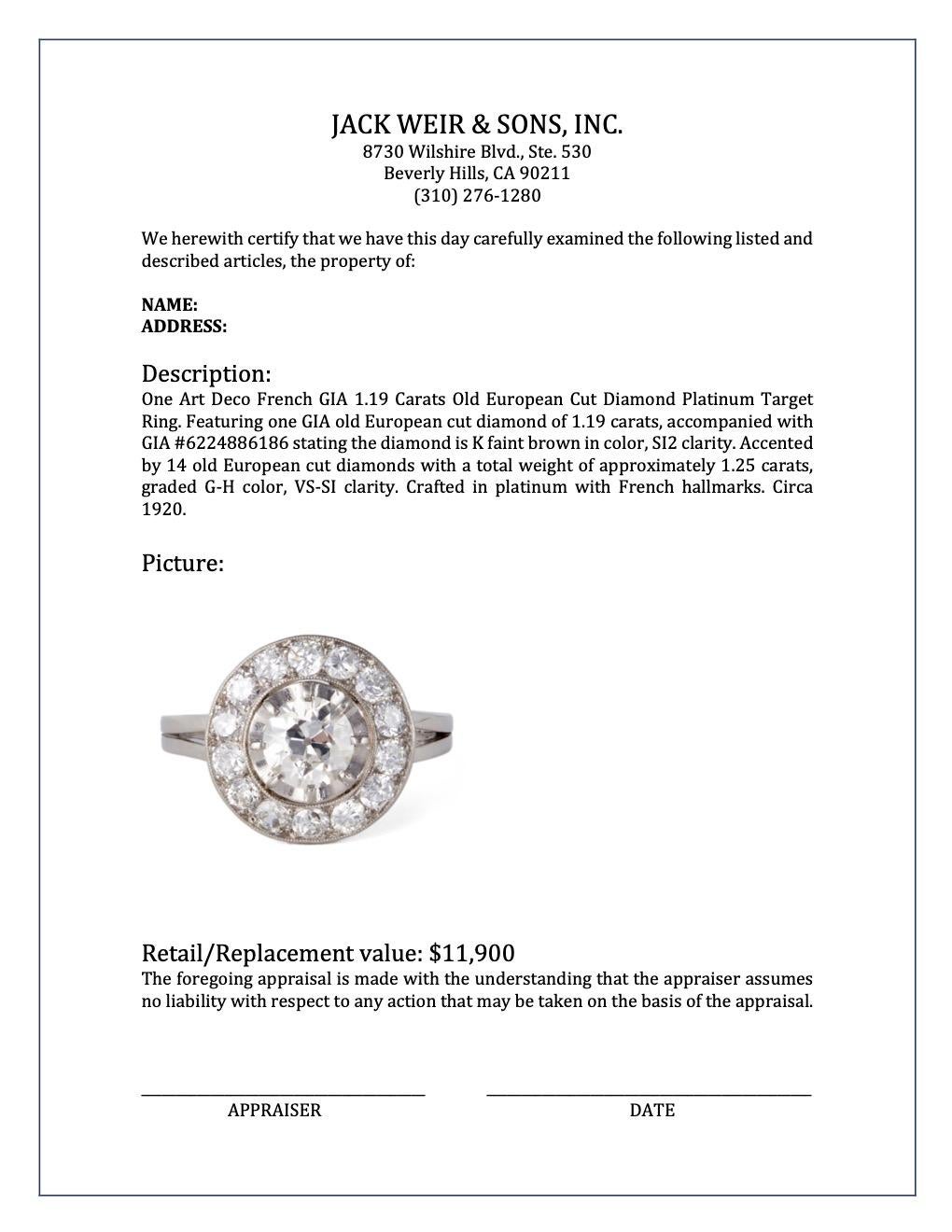 Art Deco French GIA 1.19 Carats Old European Cut Diamond Platinum Target Ring 4