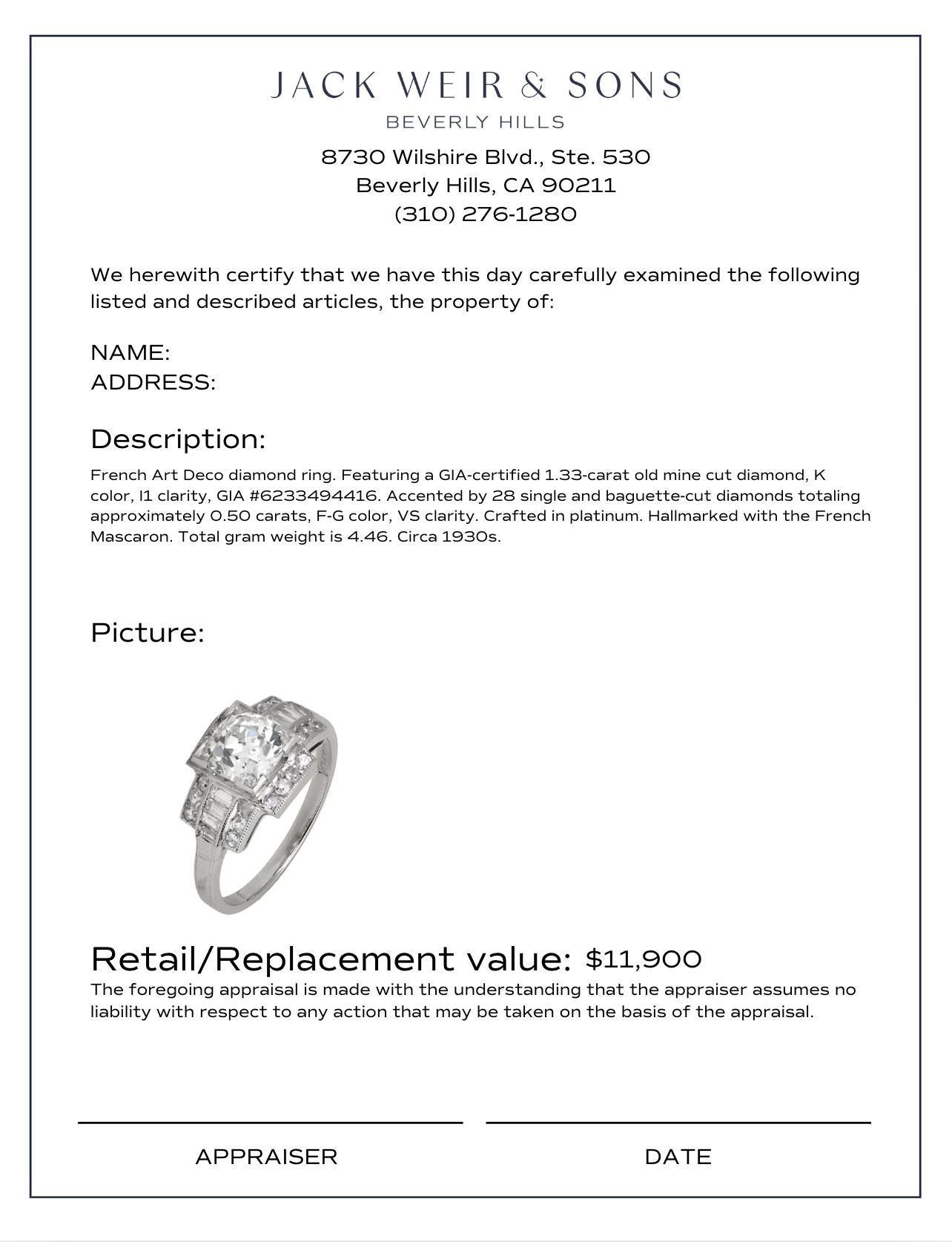Bague Art déco française en platine avec diamant de 1,33 carat certifié GIA en vente 1