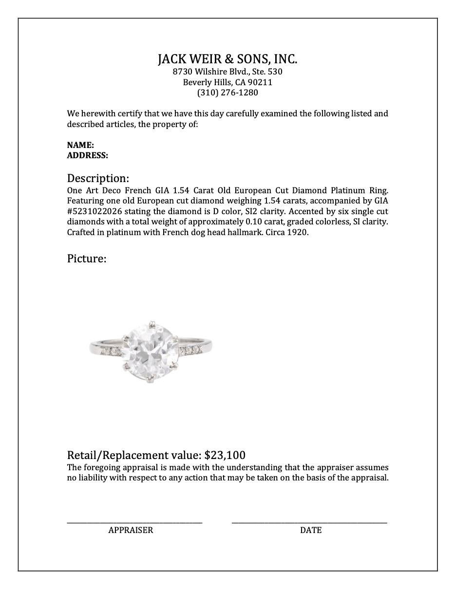 Art Deco French GIA 1.54 Carat Old European Cut Diamond Platinum Ring For Sale 3