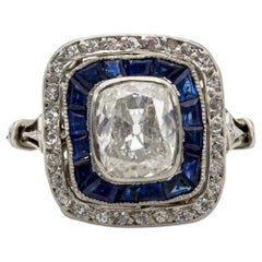 Art Deco French GIA 1.55 Cushion Cut Diamond and Sapphire Platinum 18k Ring