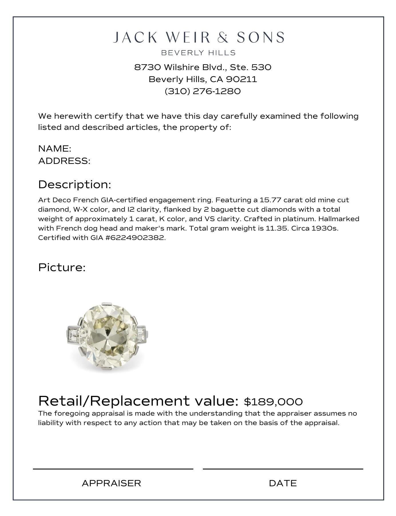 Art Deco French GIA 15.77 carat old mine cut diamond platinum engagement ring For Sale 1