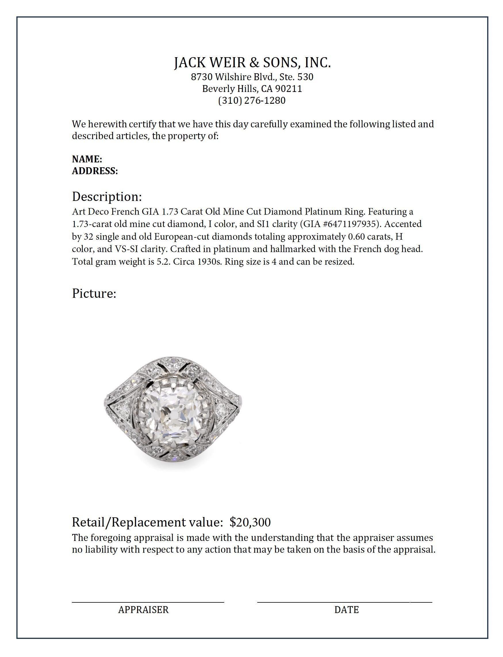 Art Deco French GIA 1.73 carat old mine cut diamond platinum ring 1