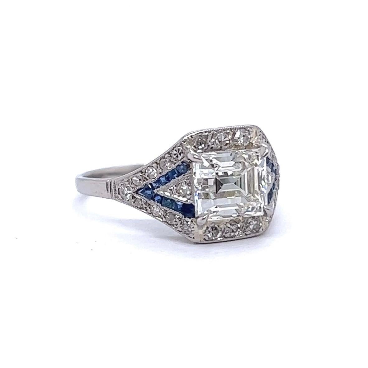 Art Deco French GIA 1.85 Carats Emerald Cut Diamond Sapphire Platinum Ring 1