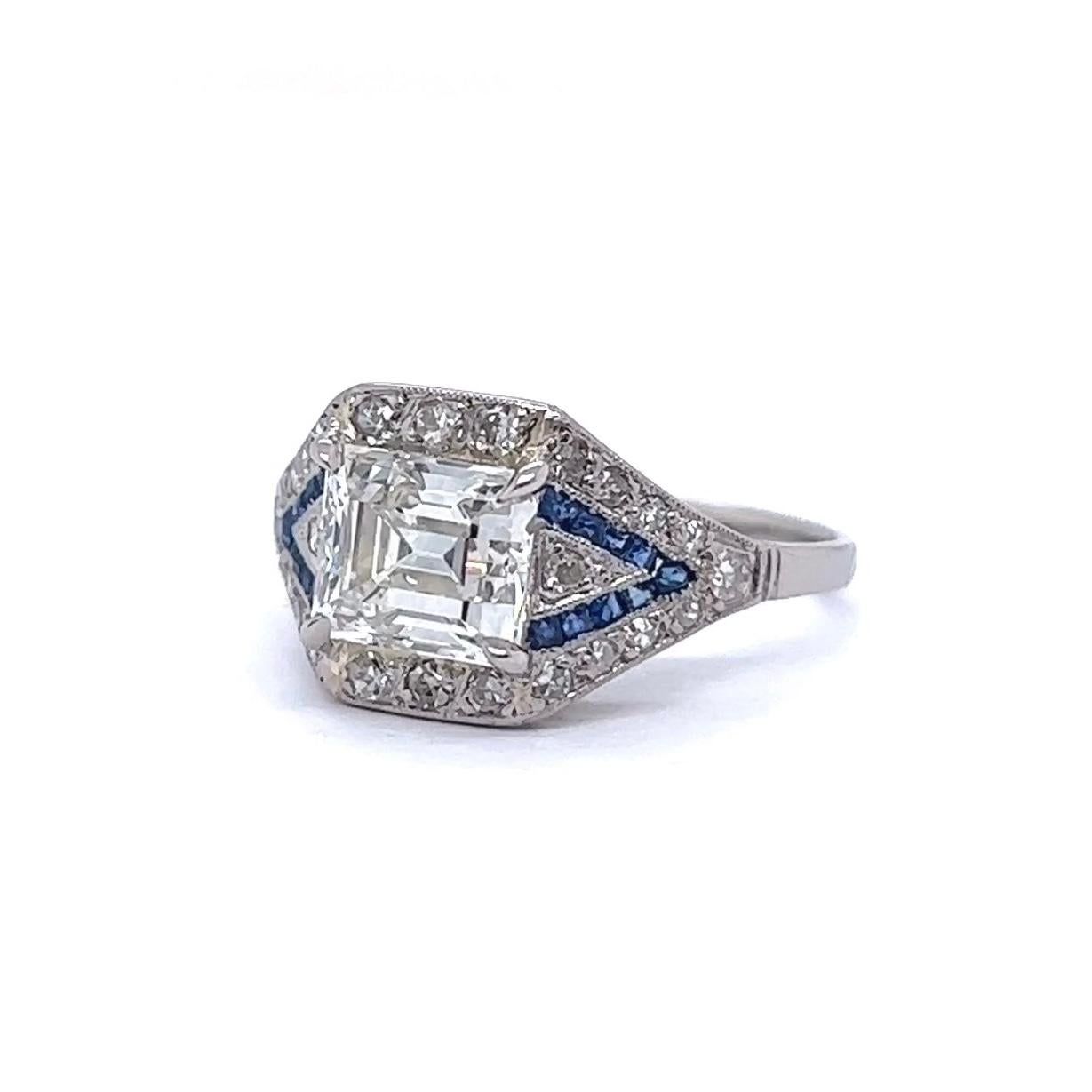 Art Deco French GIA 1.85 Carats Emerald Cut Diamond Sapphire Platinum Ring 2