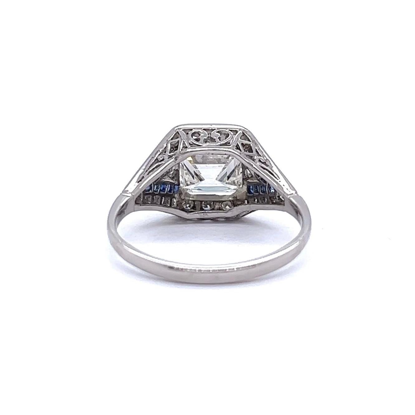 Art Deco French GIA 1.85 Carats Emerald Cut Diamond Sapphire Platinum Ring 3