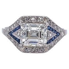 Art Deco French GIA 1.85 Carats Emerald Cut Diamond Sapphire Platinum Ring